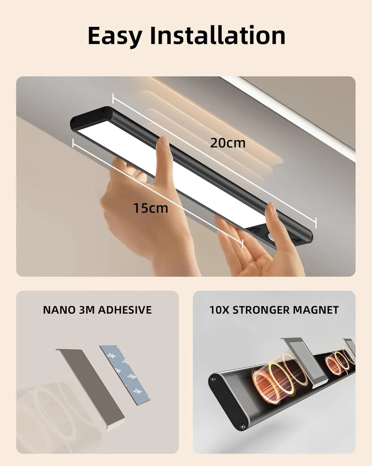 EZVALO Under Cabinet Lighting Wireless, 3 Color Temps Motion Sensor Lights Indoor, 62 LED Rechargeable Under Cabinet Lights, Dimmable Under Counter Lights for Kitchen, Closet, Stairs (2 Pack)