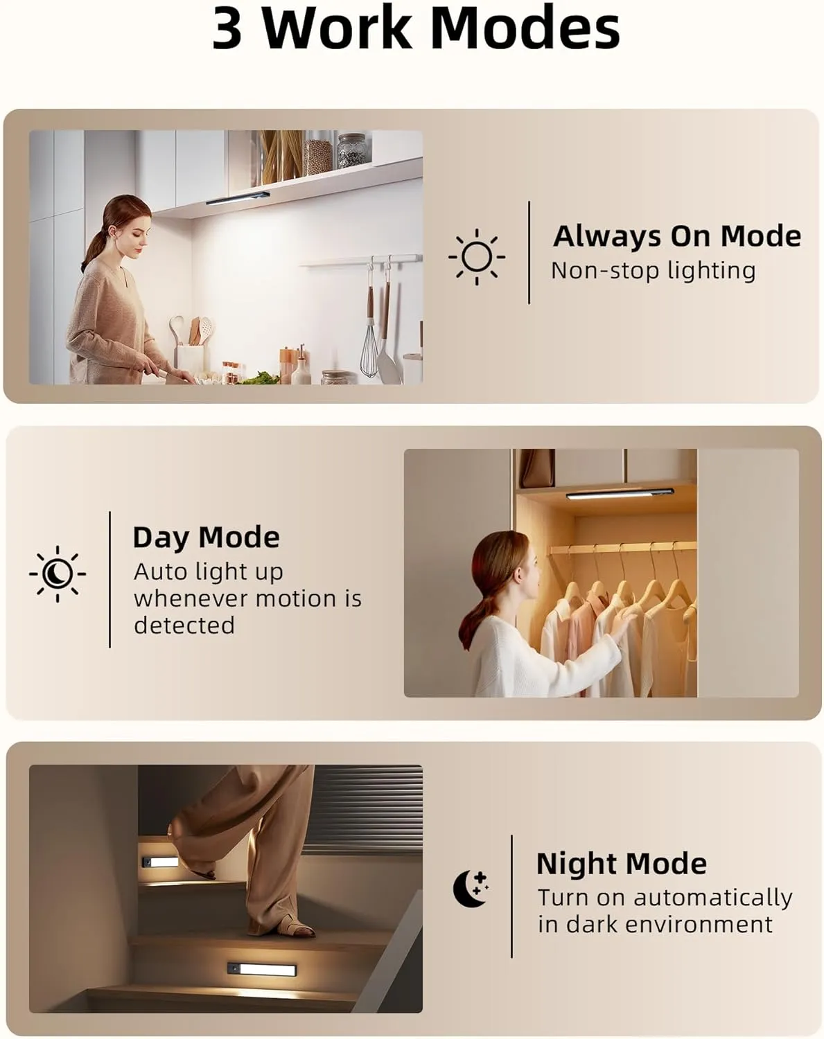 EZVALO Under Cabinet Lighting Wireless, 3 Color Temps Motion Sensor Lights Indoor, 62 LED Rechargeable Under Cabinet Lights, Dimmable Under Counter Lights for Kitchen, Closet, Stairs (2 Pack)