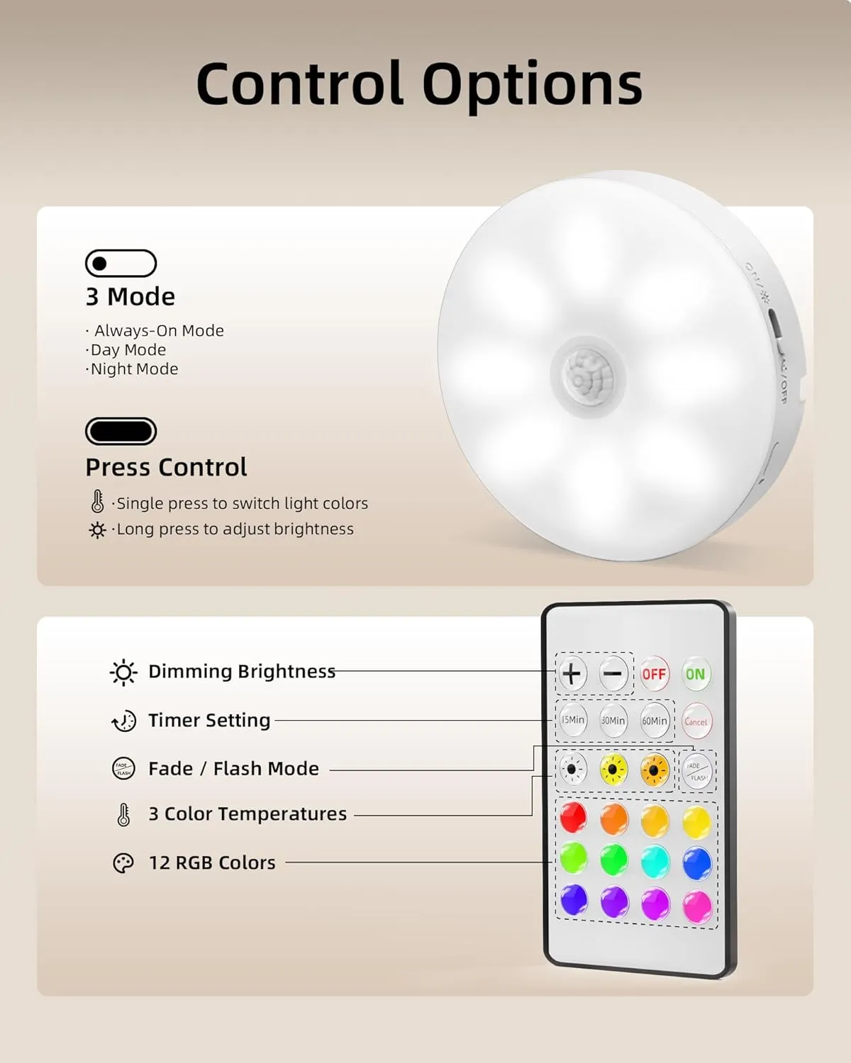 EZVALO Under Cabinet Lighting,1000mAh Rechargeable Puck Lights with Remote,3 Color Temps & 12 RGB Motion Sensor Closet Lights Indoor,Dimmable Under Cabinet Lights for Kitchen,Cabinets,Closet (3 Packs)