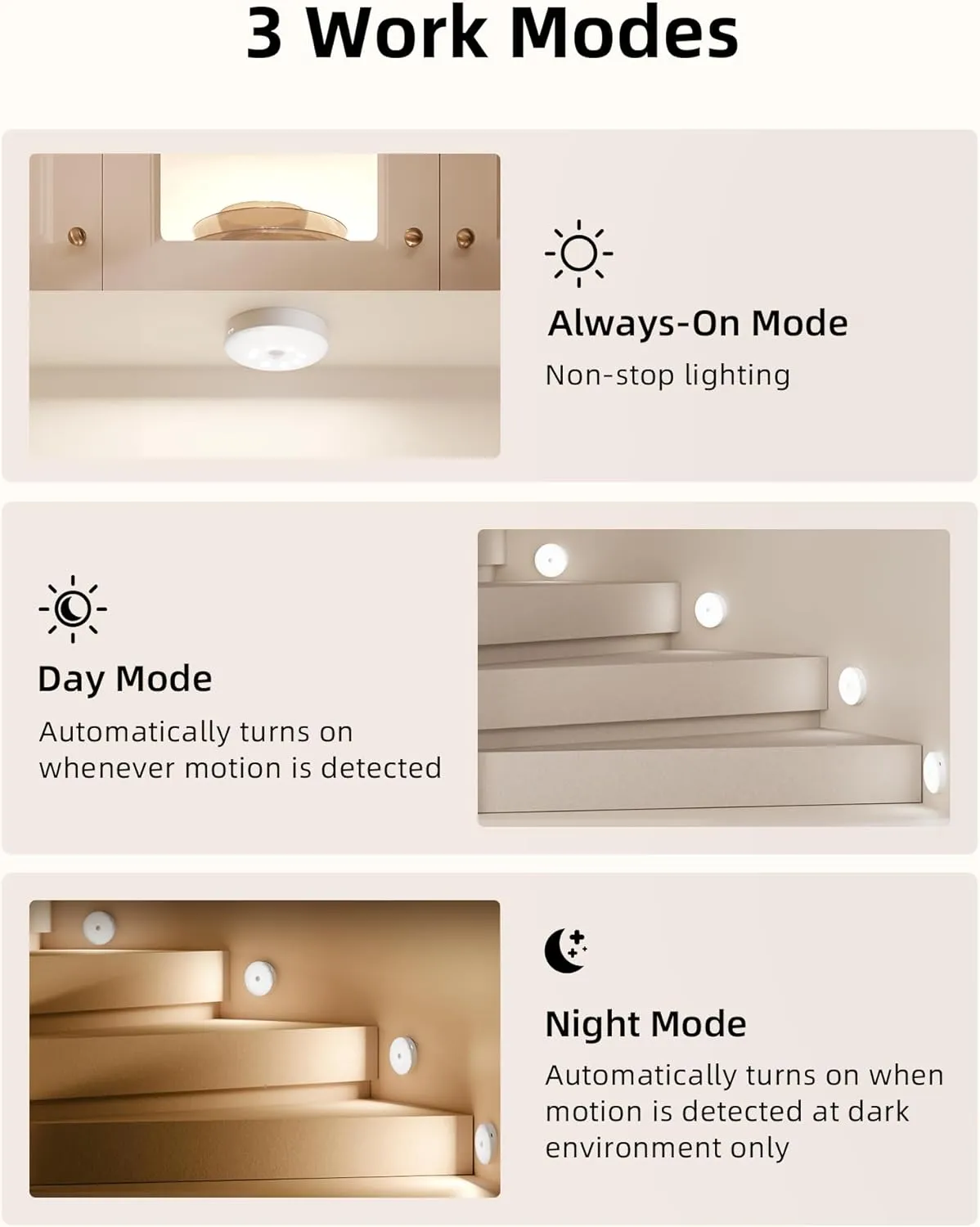 EZVALO Under Cabinet Lighting,1000mAh Rechargeable Puck Lights with Remote,3 Color Temps & 12 RGB Motion Sensor Closet Lights Indoor,Dimmable Under Cabinet Lights for Kitchen,Cabinets,Closet (3 Packs)