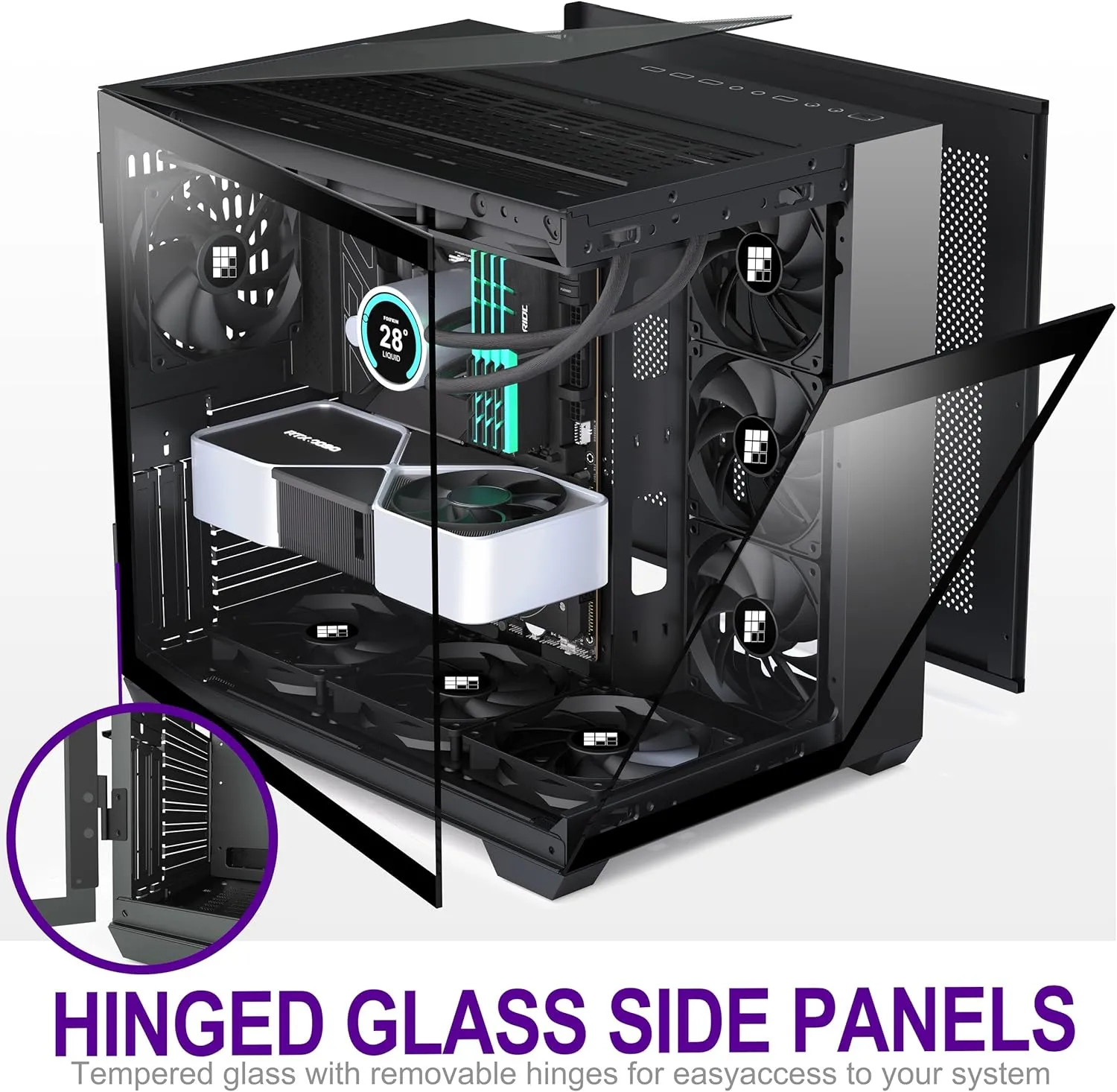 F300 PC Case - Pre-Installed 3 PWM No RGB Fan, ATX Mid-Tower Gaming PC Case, 270° Panoramic Glass with Type-C, FOIFKIN (Black)
