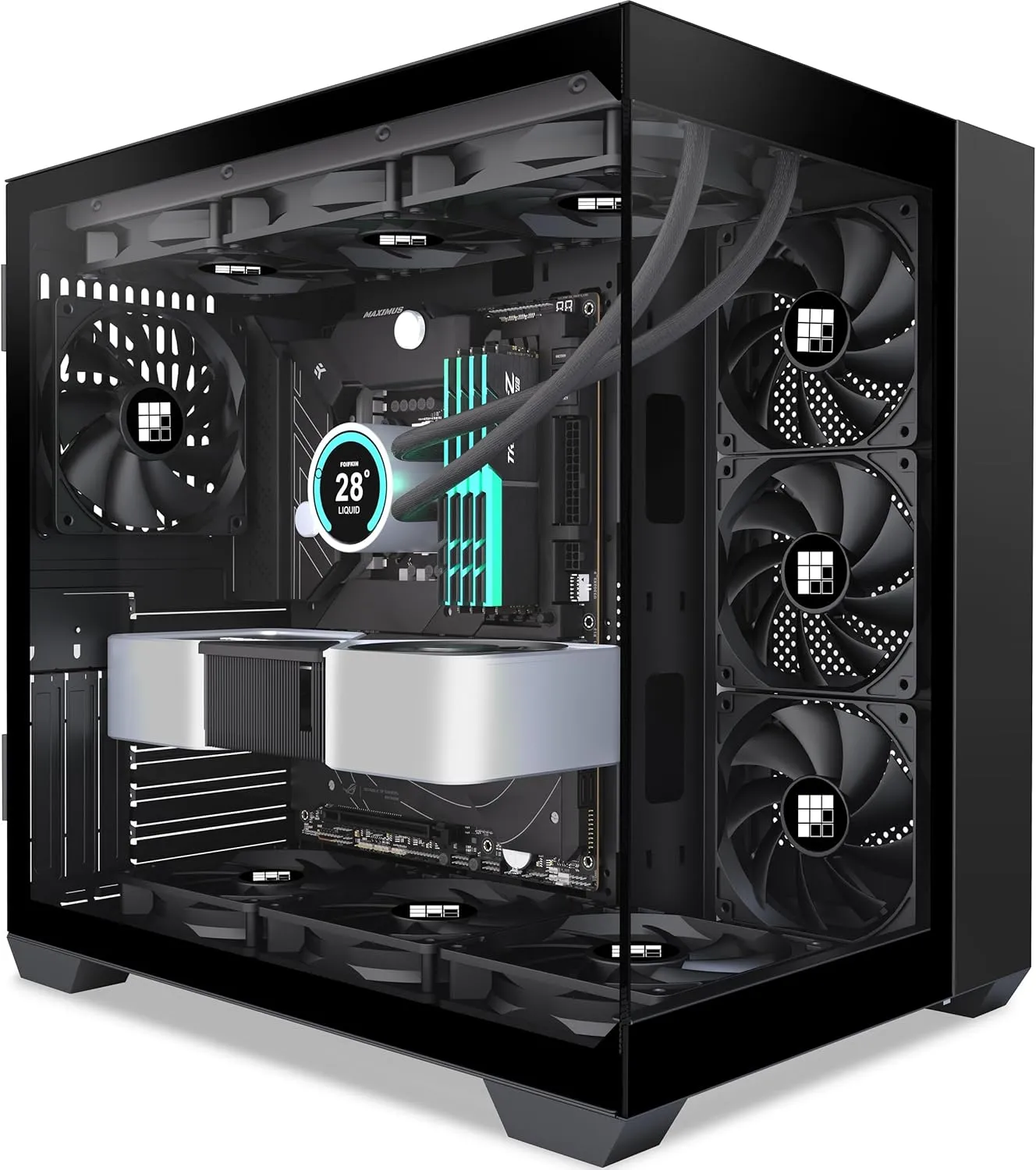 F300 PC Case - Pre-Installed 3 PWM No RGB Fan, ATX Mid-Tower Gaming PC Case, 270° Panoramic Glass with Type-C, FOIFKIN (Black)