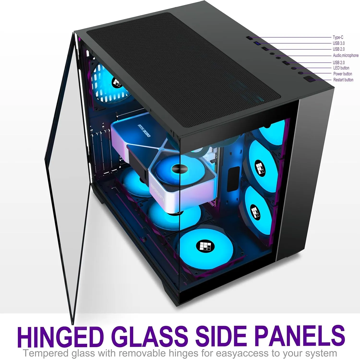 F600 PC Case - Pre-Installed 6 PWM ARGB Fan, ATX Mid-Tower Gaming PC Case, 270° Panoramic Glass with Type-C, FOIFKIN (Black, F600)