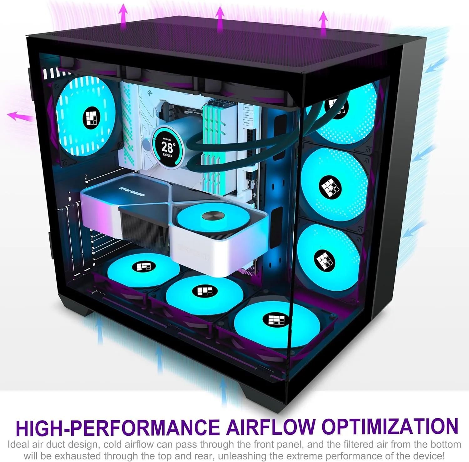 F600 PC Case - Pre-Installed 6 PWM ARGB Fan, ATX Mid-Tower Gaming PC Case, 270° Panoramic Glass with Type-C, FOIFKIN (Black, F600)
