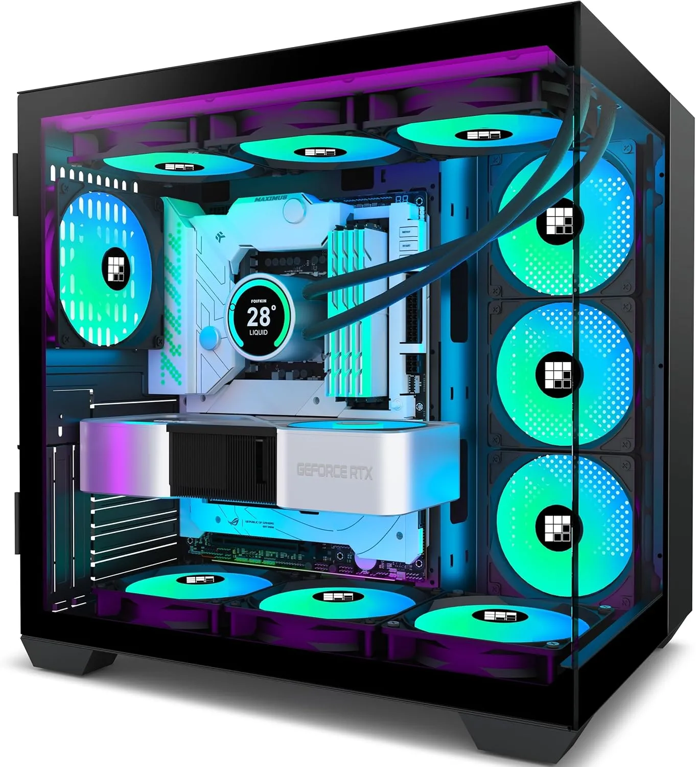F600 PC Case - Pre-Installed 6 PWM ARGB Fan, ATX Mid-Tower Gaming PC Case, 270° Panoramic Glass with Type-C, FOIFKIN (Black, F600)
