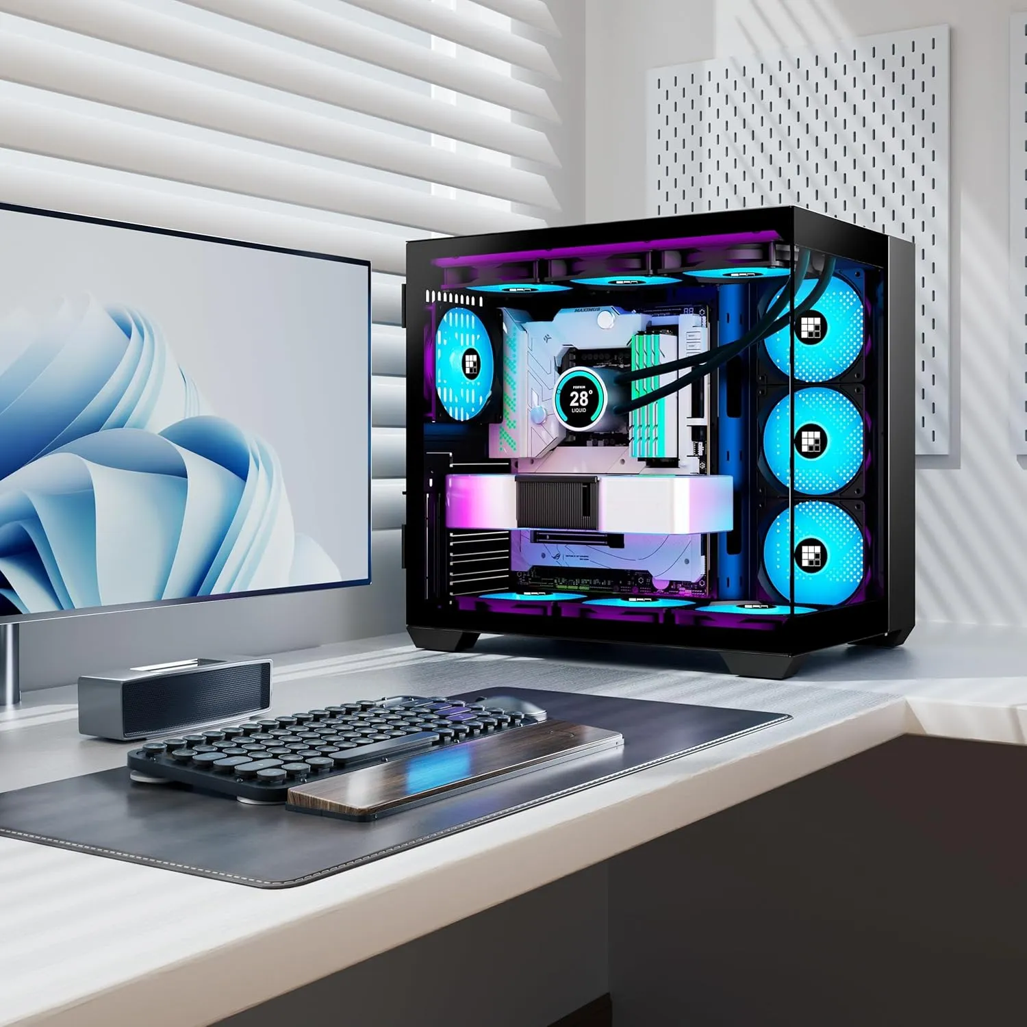 F600 PC Case - Pre-Installed 6 PWM ARGB Fan, ATX Mid-Tower Gaming PC Case, 270° Panoramic Glass with Type-C, FOIFKIN (Black, F600)