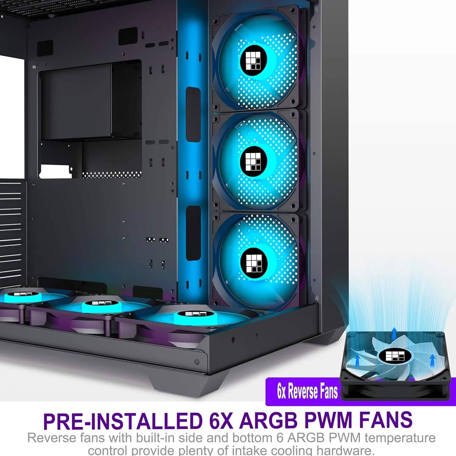 F600 PC Case - Pre-Installed 6 PWM ARGB Fan, ATX Mid-Tower Gaming PC Case, 270° Panoramic Glass with Type-C, FOIFKIN (Black, F600)