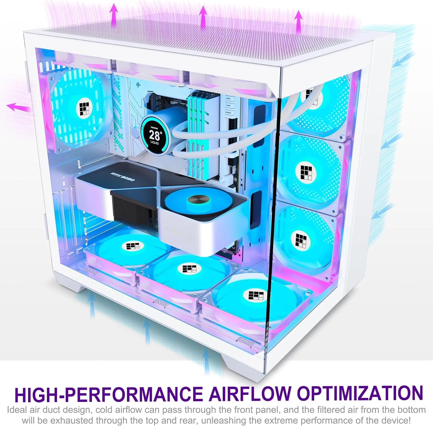 F600 PC Case - Pre-Installed 6 PWM ARGB Fan, ATX Mid-Tower Gaming PC Case, 270° Panoramic Glass with Type-C, FOIFKIN (White, F600)