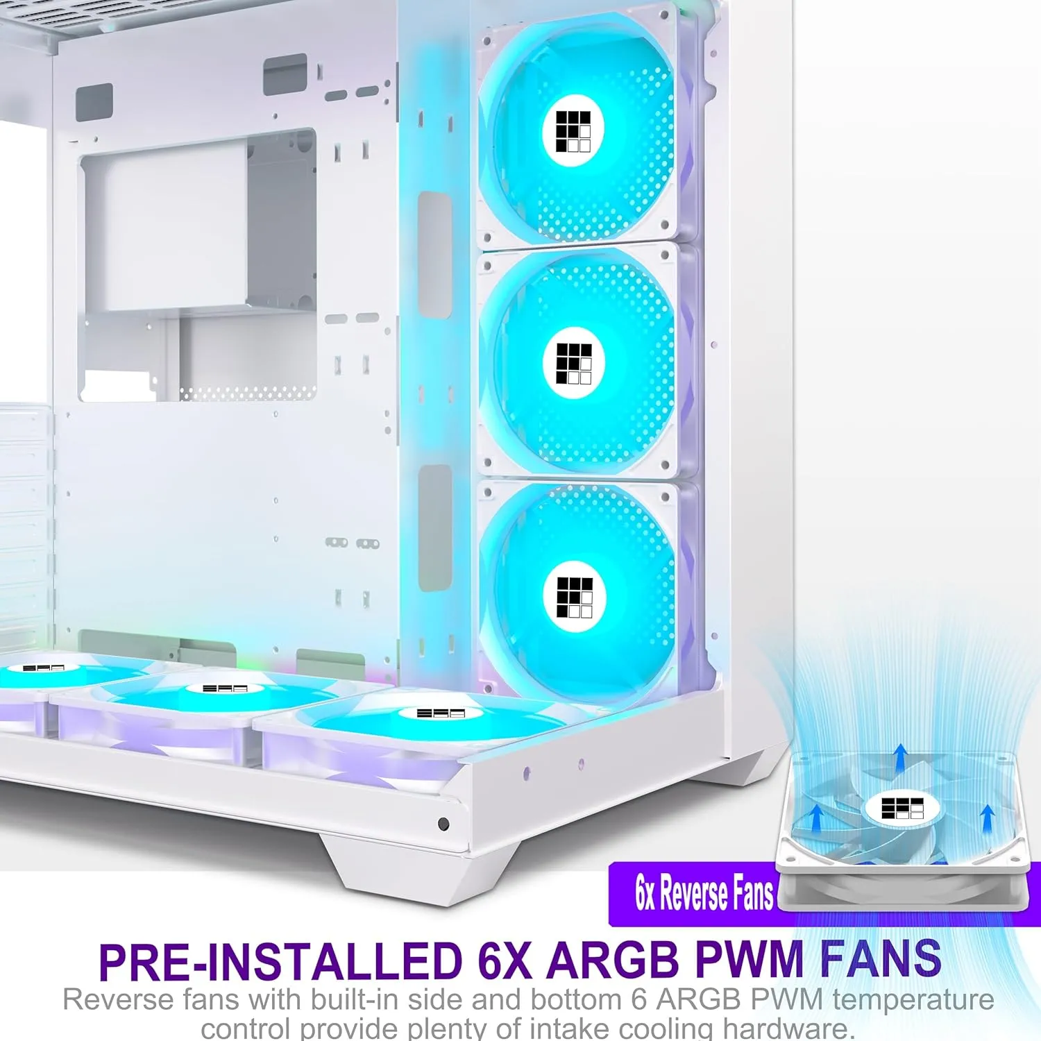 F600 PC Case - Pre-Installed 6 PWM ARGB Fan, ATX Mid-Tower Gaming PC Case, 270° Panoramic Glass with Type-C, FOIFKIN (White, F600)