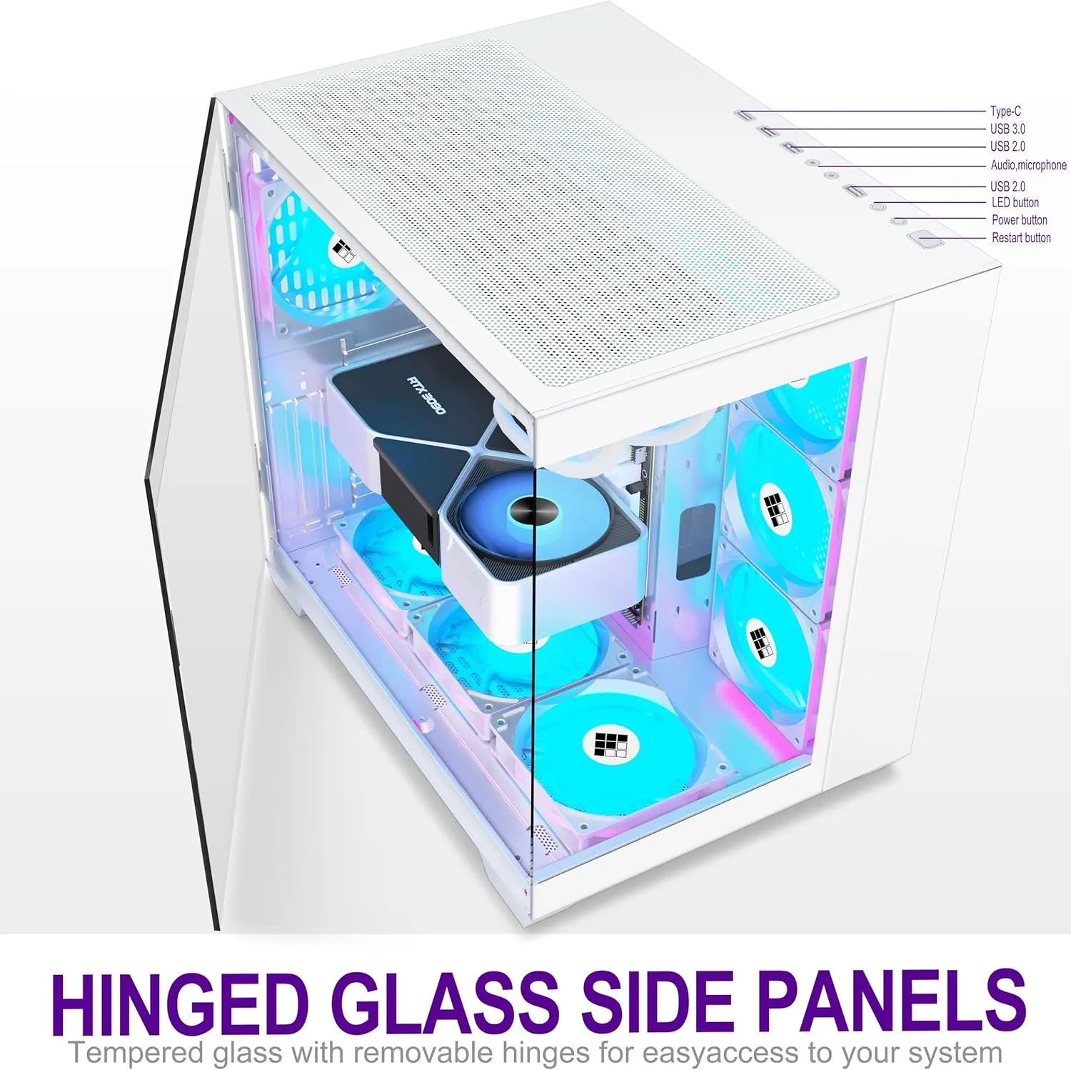 F600 PC Case - Pre-Installed 6 PWM ARGB Fan, ATX Mid-Tower Gaming PC Case, 270° Panoramic Glass with Type-C, FOIFKIN (White, F600)