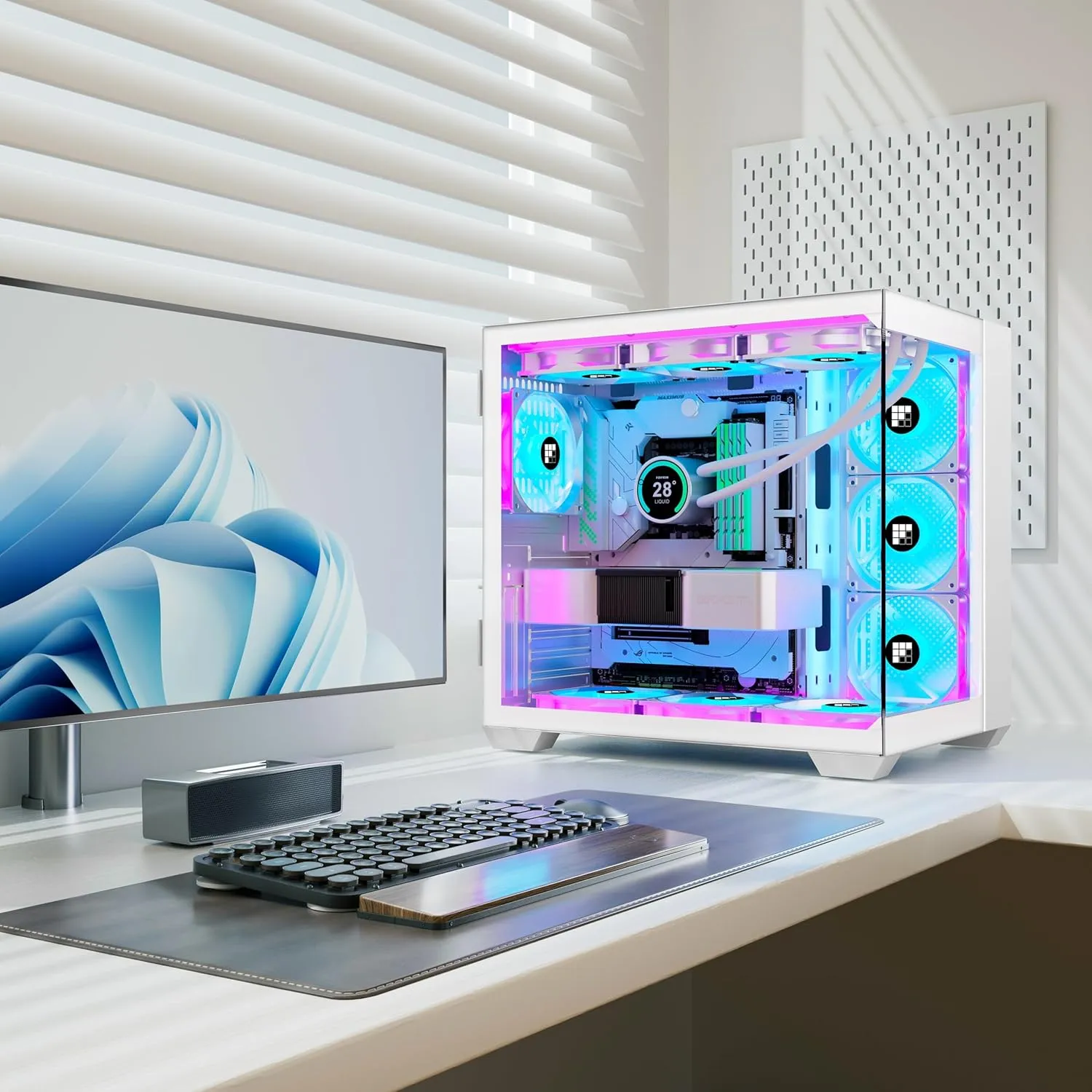 F600 PC Case - Pre-Installed 6 PWM ARGB Fan, ATX Mid-Tower Gaming PC Case, 270° Panoramic Glass with Type-C, FOIFKIN (White, F600)