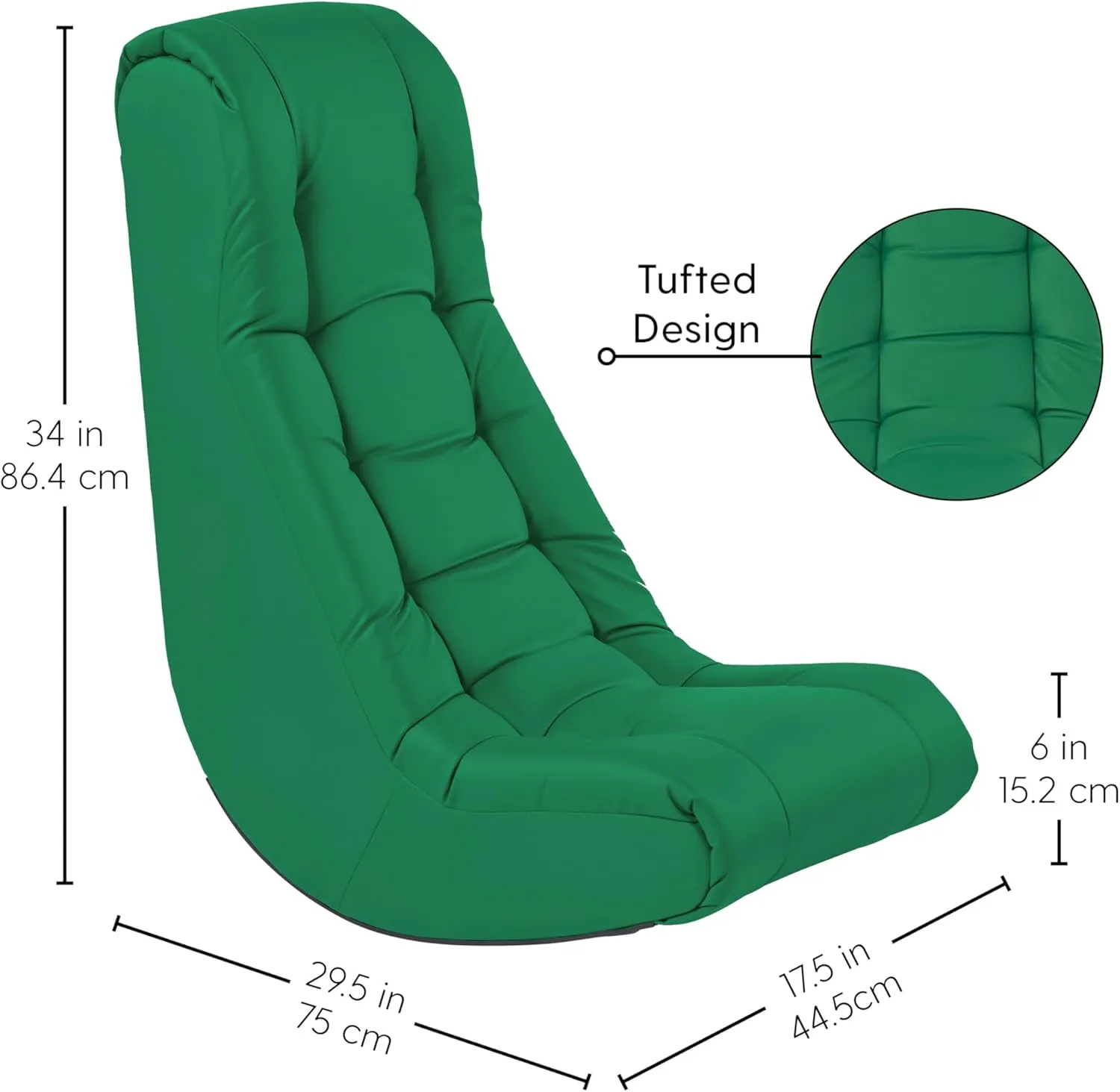 Factory Direct Partners Soft Tufted Floor Rocker - Cushioned Ground Chair for Kids Teens and Adults - Great for Reading, Gaming, Meditating, TV - Green, 10488-GN