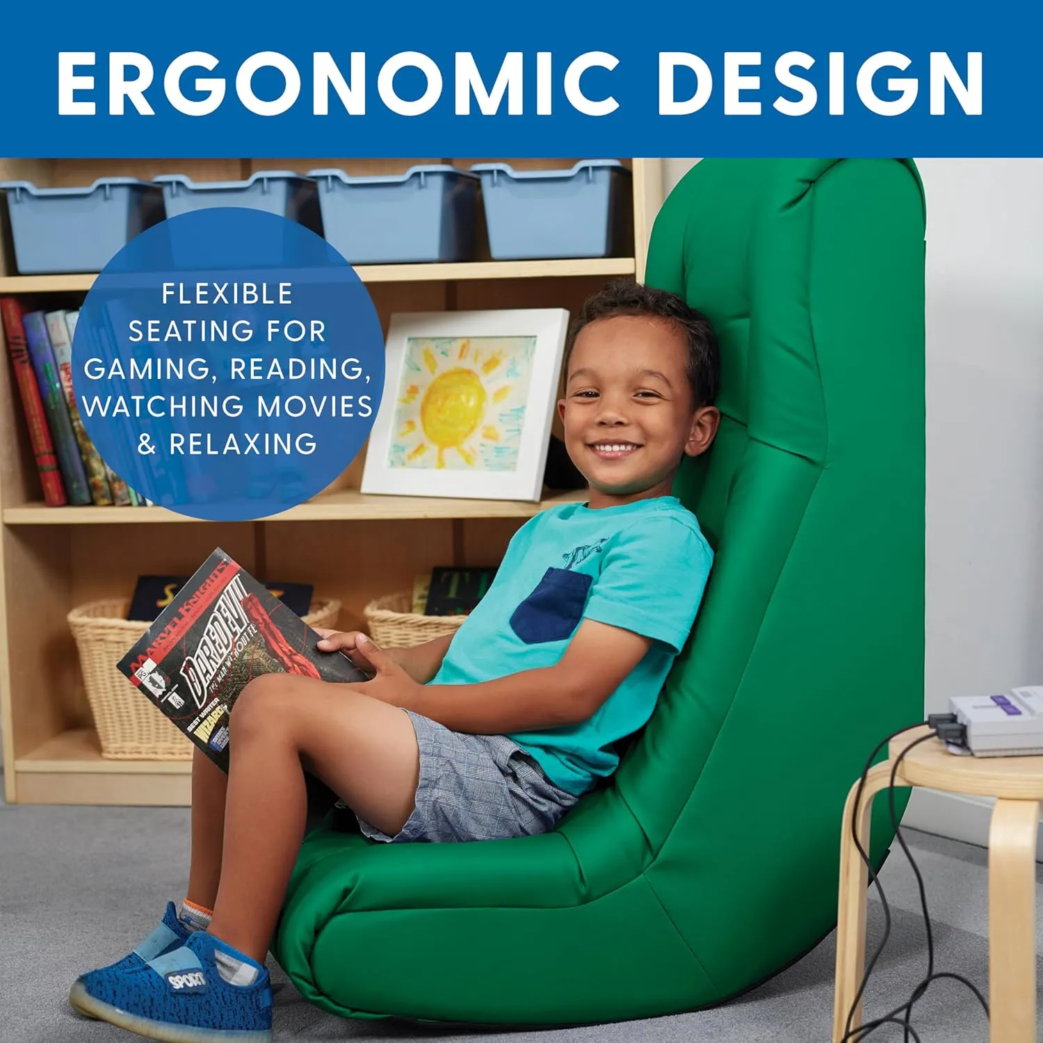 Factory Direct Partners Soft Tufted Floor Rocker - Cushioned Ground Chair for Kids Teens and Adults - Great for Reading, Gaming, Meditating, TV - Green, 10488-GN