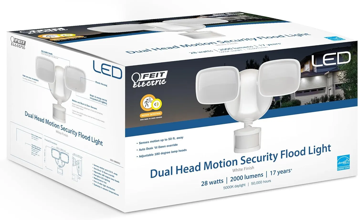 Feit Electric LED Outdoor Waterproof Security Flood Light - Motion Sensor - Dusk to Dawn - Hardwired - 5000K Daylight - 2000 Lumen | White