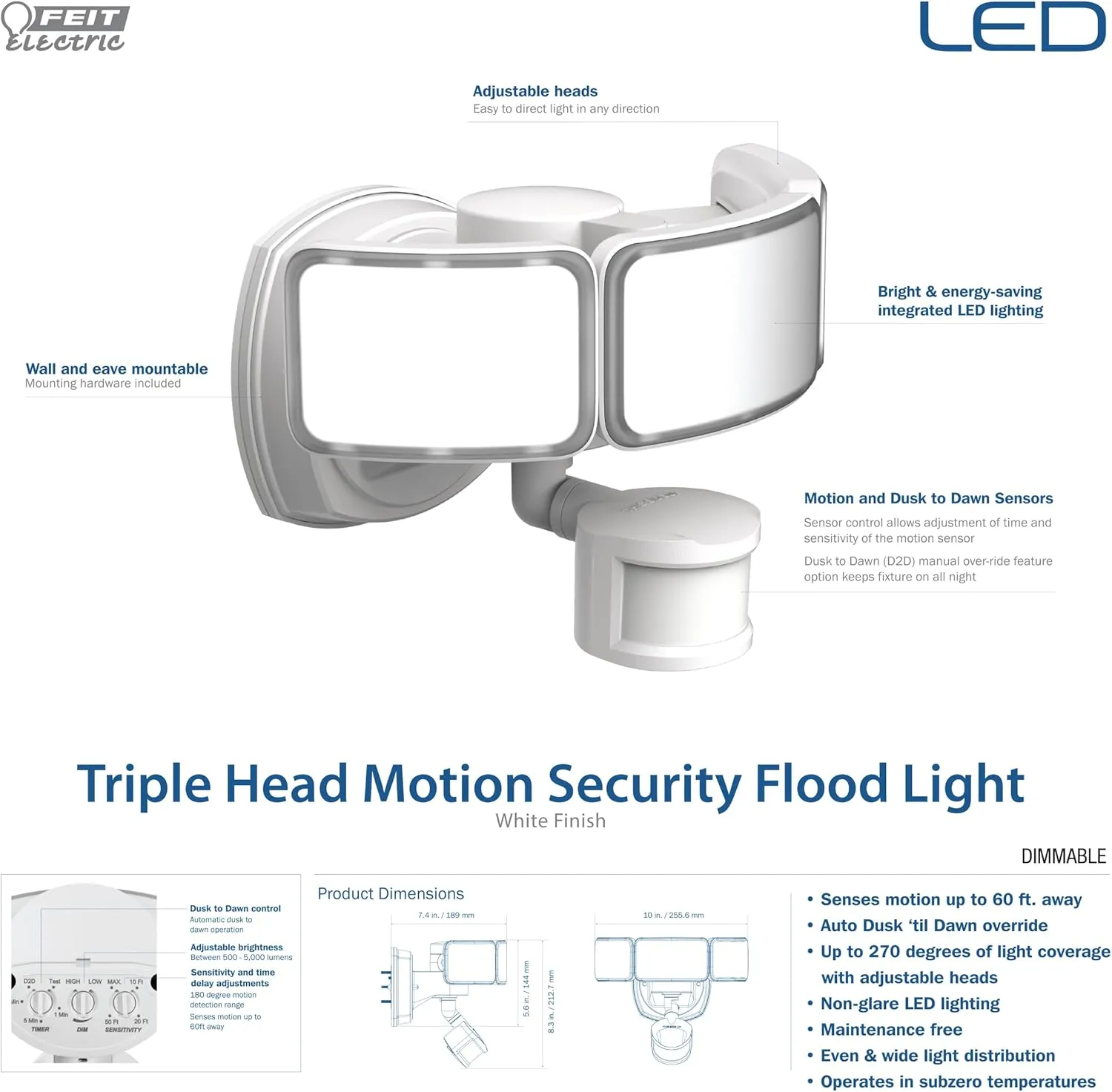 Feit Electric LED Security Light with Motion Sensor, Outdoor 46W Flood Light, Adjustable 3 Head, Wall Mount, 5000 Lumens, 5000k Daylight, Hardwired, White S10.5TFL/850/MOT/WH