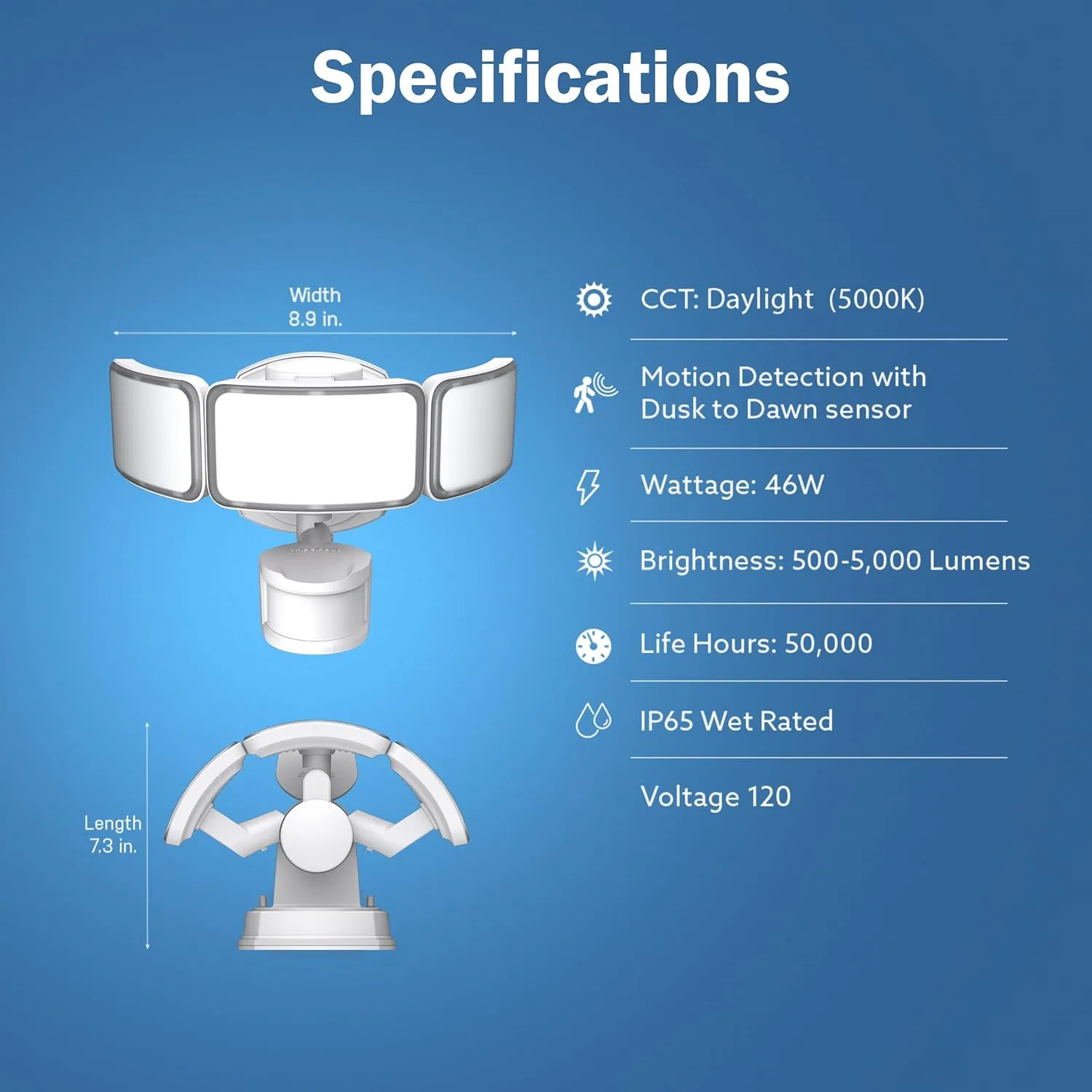 Feit Electric LED Security Light with Motion Sensor, Outdoor 46W Flood Light, Adjustable 3 Head, Wall Mount, 5000 Lumens, 5000k Daylight, Hardwired, White S10.5TFL/850/MOT/WH