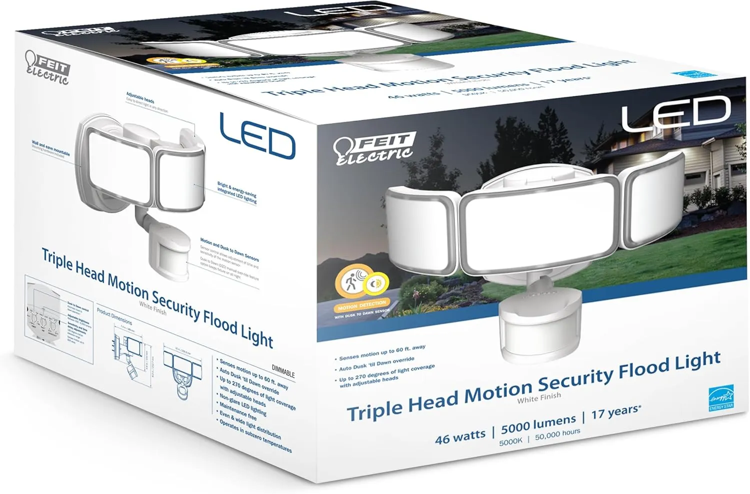 Feit Electric LED Security Light with Motion Sensor, Outdoor 46W Flood Light, Adjustable 3 Head, Wall Mount, 5000 Lumens, 5000k Daylight, Hardwired, White S10.5TFL/850/MOT/WH