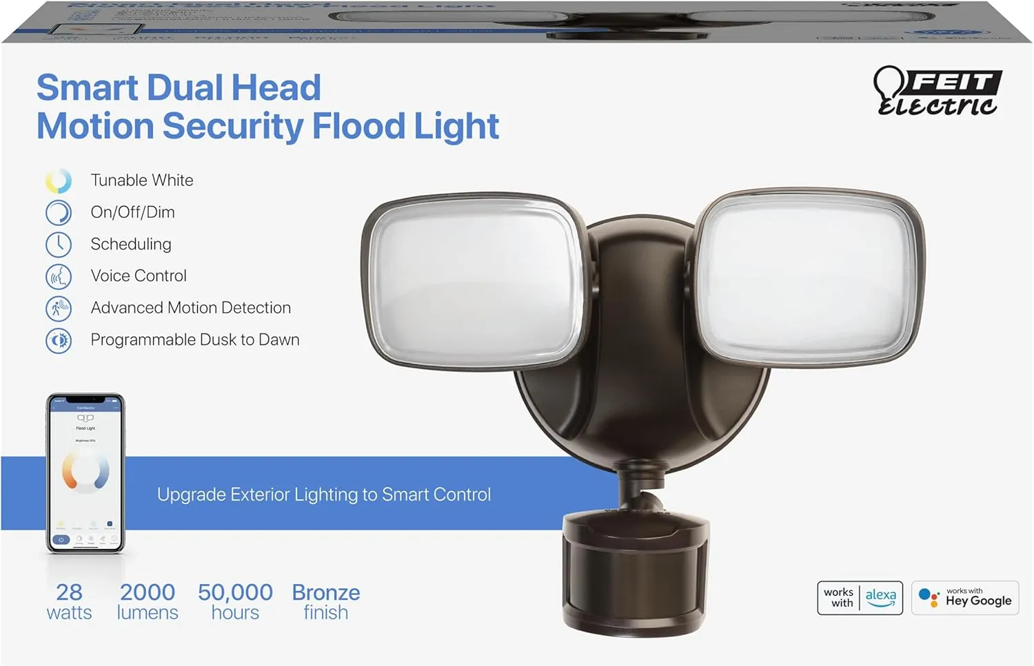 Feit Electric Smart Outdoor Flood Lights with Motion Sensor, 28W LED WiFi Security Light with Dusk to Dawn Compatible with Alexa and Hey Google, Tunable White, 2 Head, Hardwired, S9DFL/CCT/MOT/BZ/AG