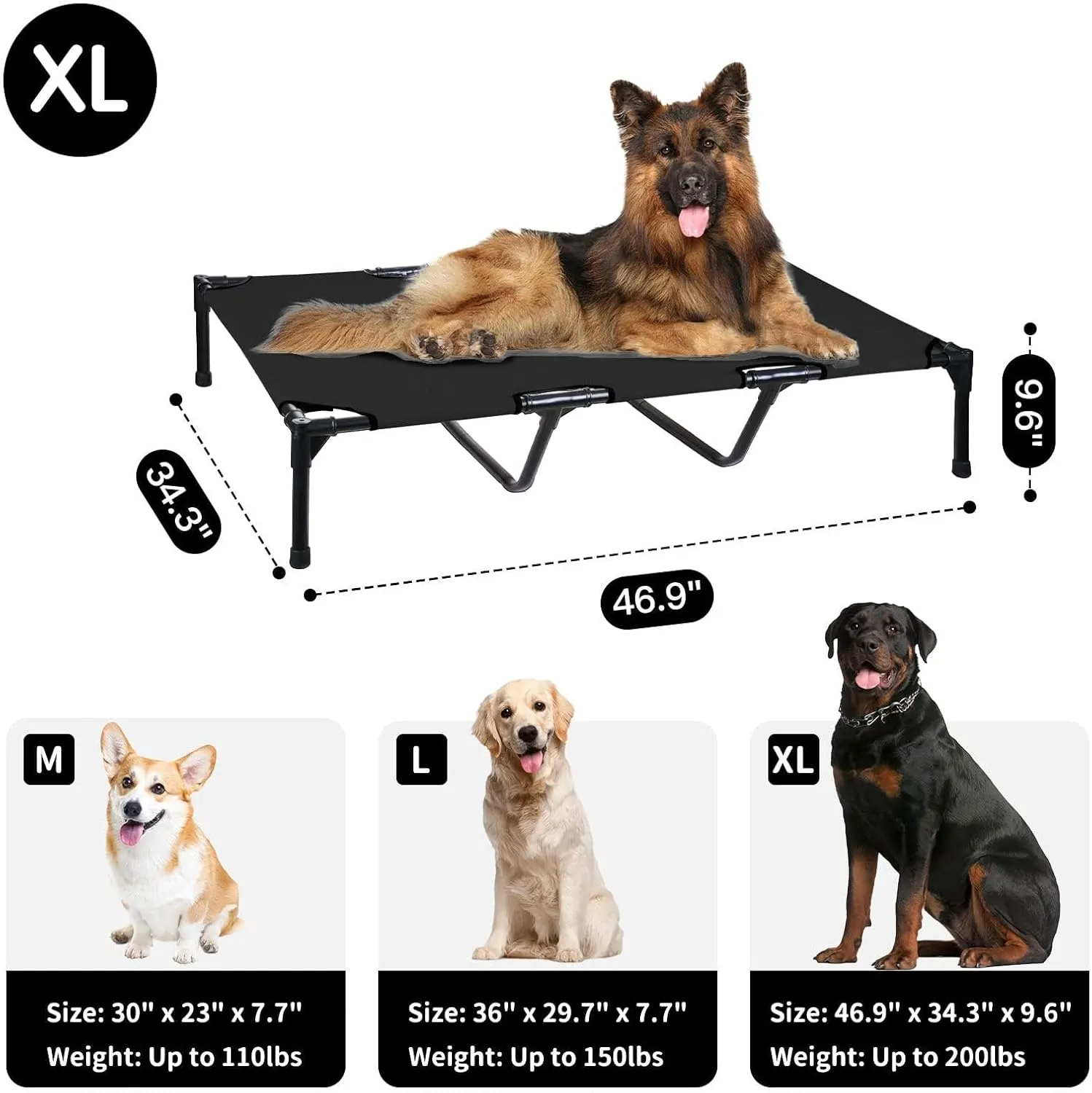 FIOCCO Elevated Dog Bed - Dog Cot with Chew Proof Mesh for X-Large Dogs, Waterproof Washable Raised Pet Bed, Portable Pet Bed for Outdoor Use, Dogs Cot Beds, Black