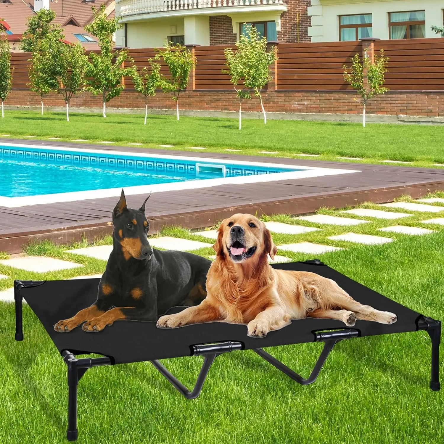 FIOCCO Elevated Dog Bed - Dog Cot with Chew Proof Mesh for X-Large Dogs, Waterproof Washable Raised Pet Bed, Portable Pet Bed for Outdoor Use, Dogs Cot Beds, Black