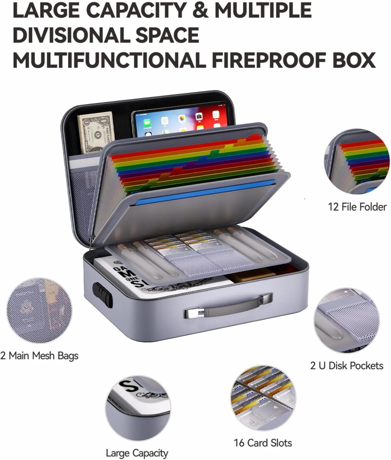 Fireproof Document Box 8 Layer File Organizer Box with Lock. Important Document with File Folder, Laptop, Portable Travel Safe