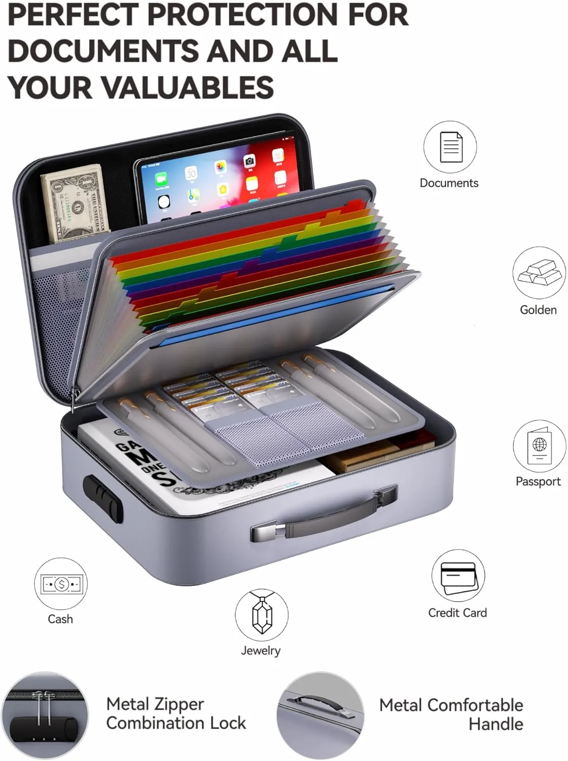 Fireproof Document Box 8 Layer File Organizer Box with Lock. Important Document with File Folder, Laptop, Portable Travel Safe