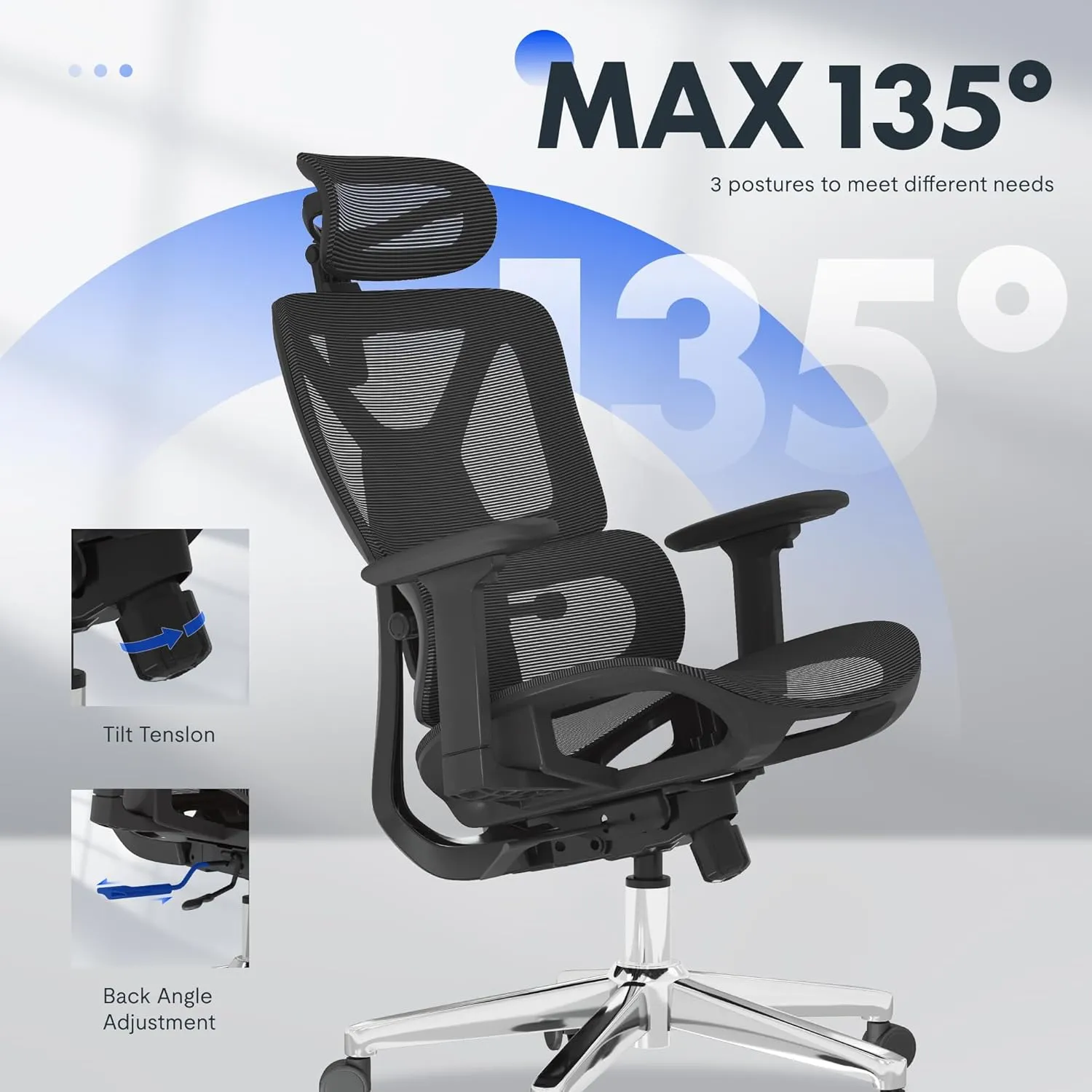FLEXISPOT Premium Ergonomic Office Chair - Adjustable 3D Armrests, Dynamic Lumbar Support, Recline & Tilt Function, Mesh Seat, for Home & Office Use, OC4-SD Black