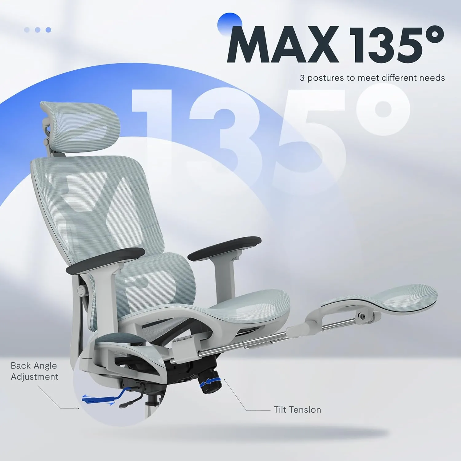 FLEXISPOT Premium Ergonomic Office Chair with Footrest- Adjustable 3D Armrests, Dynamic Lumbar Support, Recline & Tilt Function, Mesh Seat, for Home & Office Use, OC4-SD Blue