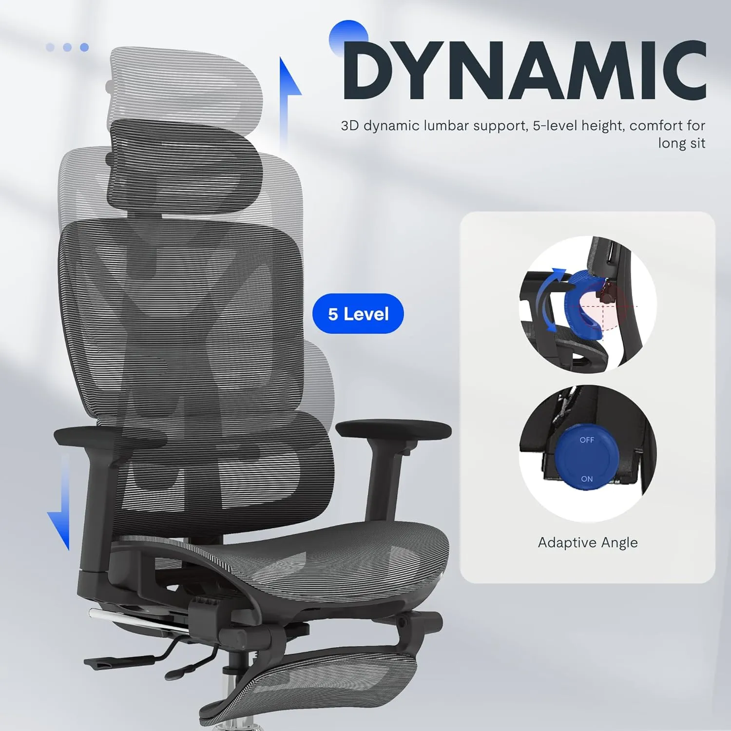 FLEXISPOT Premium Ergonomic Office Chair with Footrest- Adjustable 3D Armrests, Dynamic Lumbar Support, Recline & Tilt Function, Mesh Seat, for Home & Office Use, OC4-SD Dark Grey