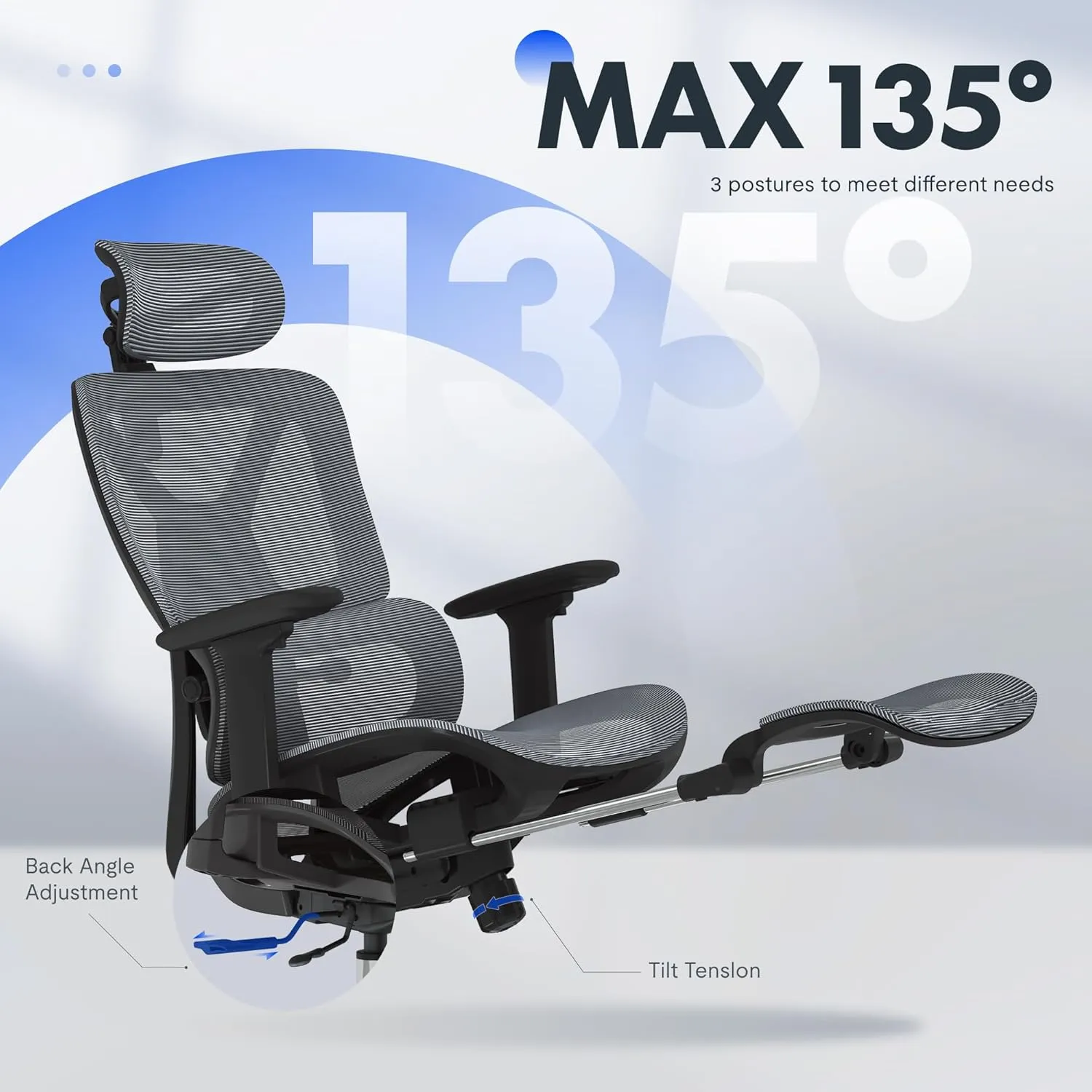 FLEXISPOT Premium Ergonomic Office Chair with Footrest- Adjustable 3D Armrests, Dynamic Lumbar Support, Recline & Tilt Function, Mesh Seat, for Home & Office Use, OC4-SD Dark Grey
