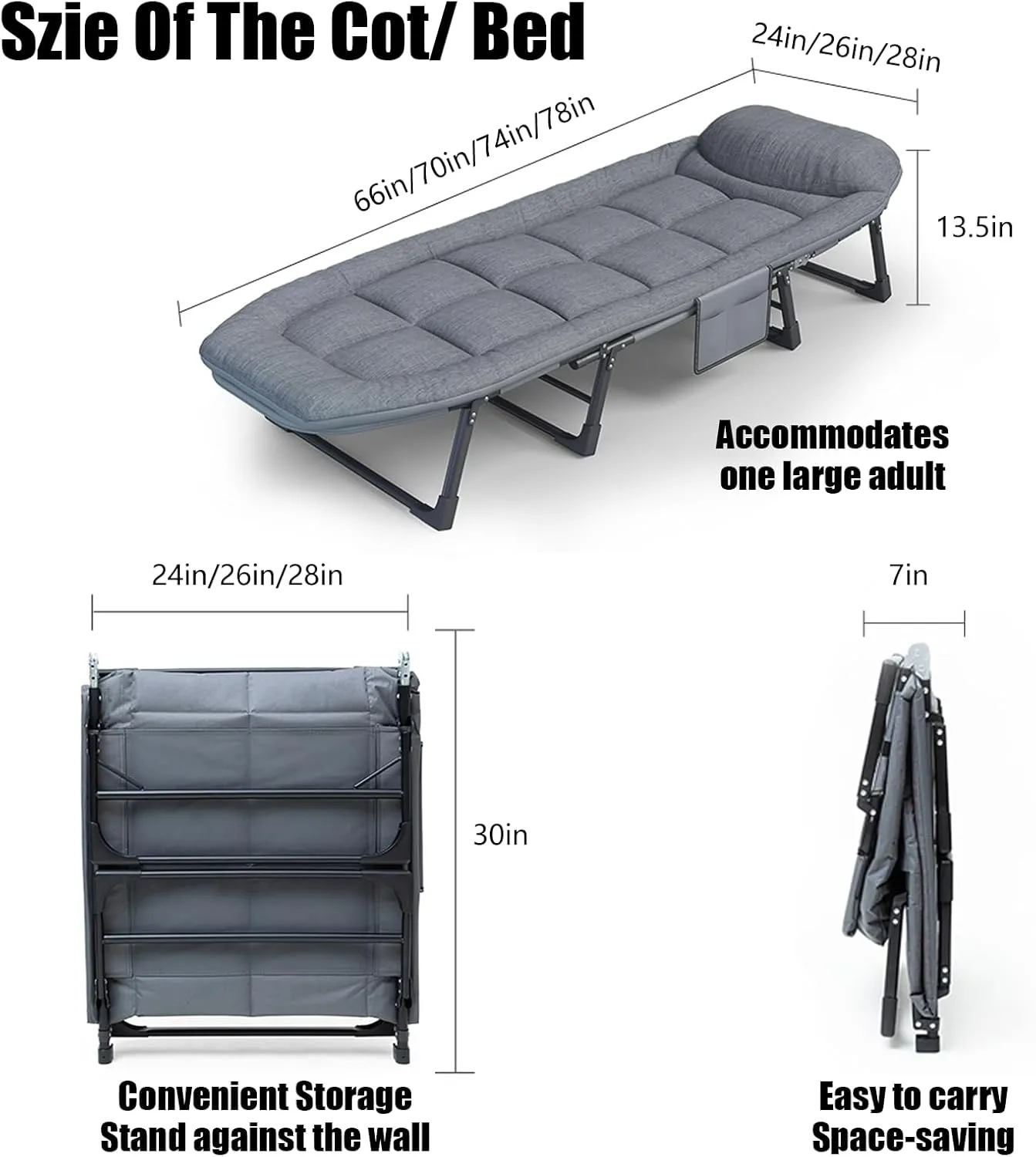 Foldable Camping Cot for Adults, 6 Adjustable Positions Sleeping Cots, Portable Folding Bed with Pillow, Heavy Duty Cot Bed for Camp, Travel, Room, Office (Grey, Medium-70 in)