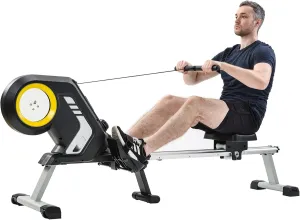 Foldable Magnetic Resistance Rowing Machine, 8-Level Adjustable Resistance Rowers, Transport Wheels, Black Yellow