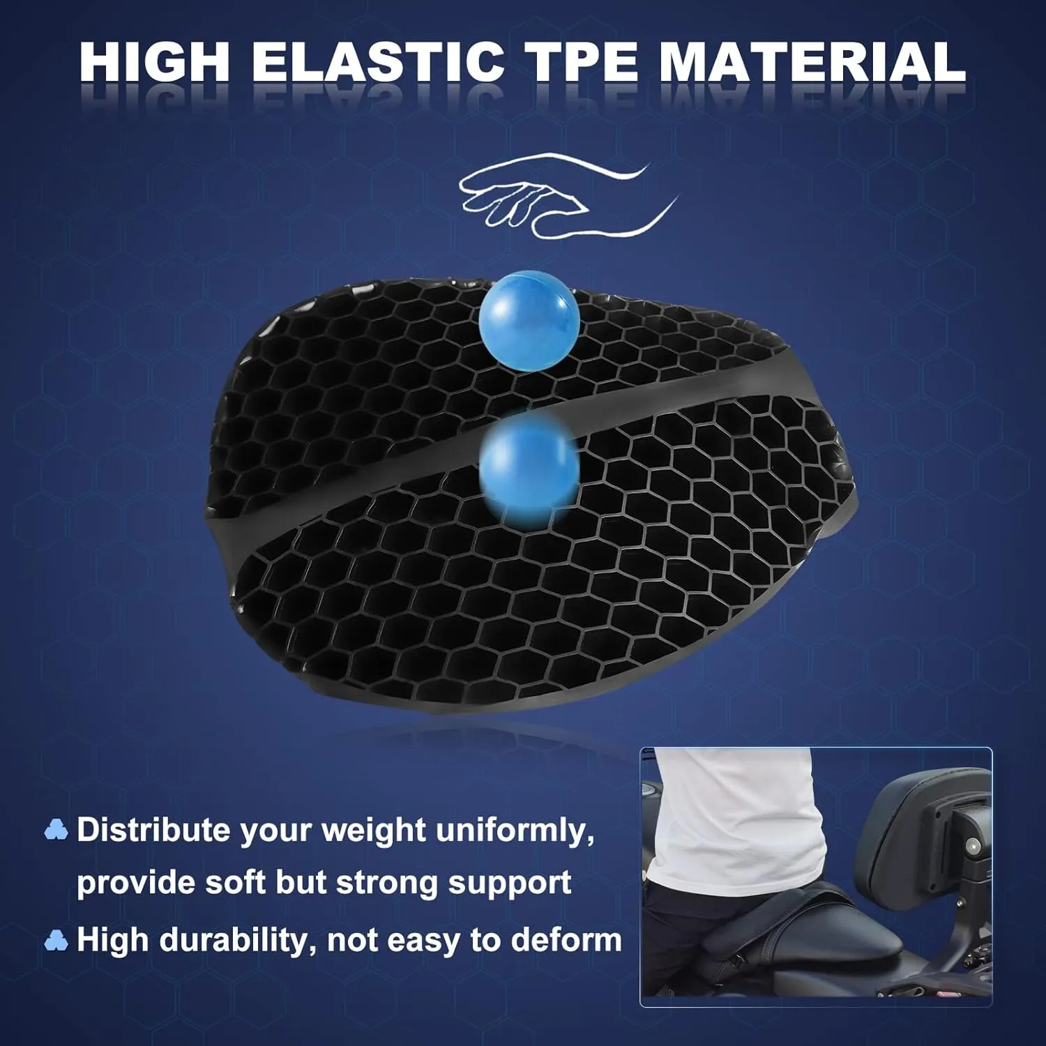 Foldable Motorcycle Gel Seat Cushion, Large 3D-Honeycomb Structure Shock Absorption & Breathable Motorcycle Gel Seat Pad for Long Rides (L)