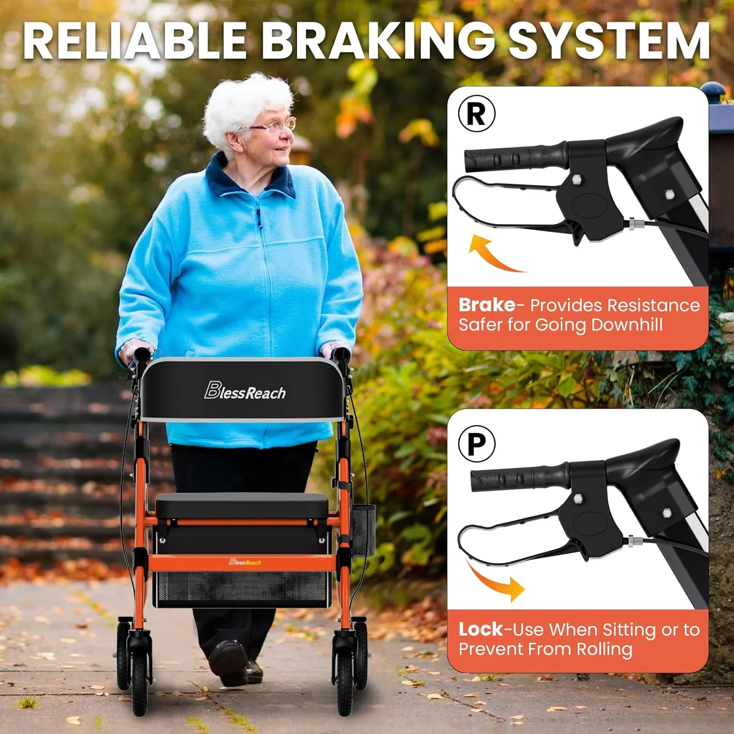 Foldable Rollator Walkers with Seat for Seniors, 450 lb Capacity, 8'' Wheels, 18" Big Seat, 6-Position Adjustable Height, Heavy-Duty Aluminum Rolling Walker (Red)