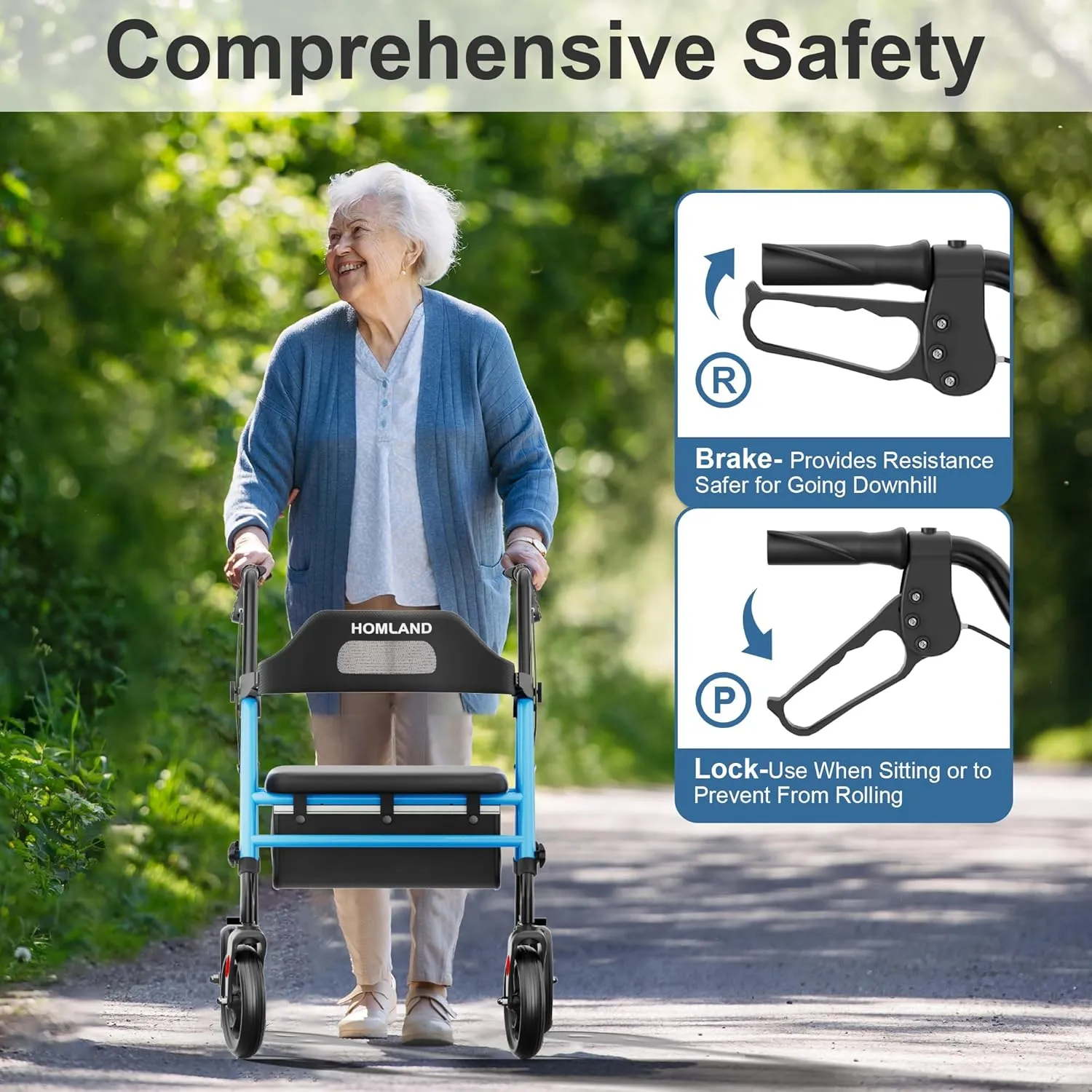 Foldable Rollator Walkers with Seat for Seniors, 8'' Big Wheels, 350 lb. Weight Capacity, Adjustable Handles and Seat Height, Lightweight Rolling Walker, Light Blue