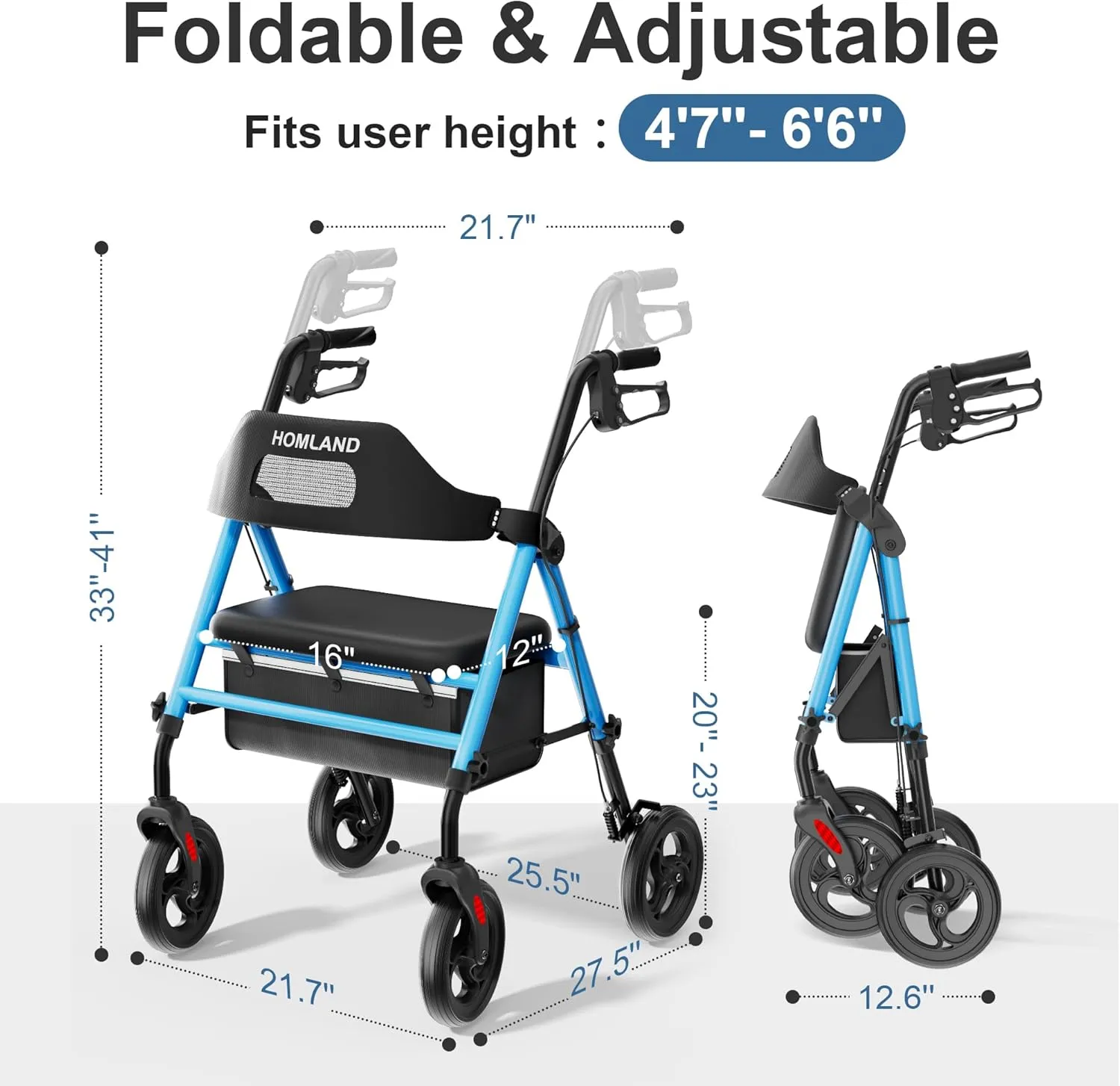 Foldable Rollator Walkers with Seat for Seniors, 8'' Big Wheels, 350 lb. Weight Capacity, Adjustable Handles and Seat Height, Lightweight Rolling Walker, Light Blue