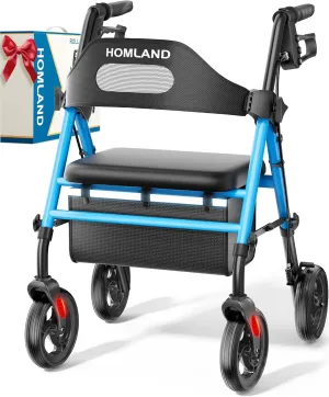Foldable Rollator Walkers with Seat for Seniors, 8'' Big Wheels, 350 lb. Weight Capacity, Adjustable Handles and Seat Height, Lightweight Rolling Walker, Light Blue