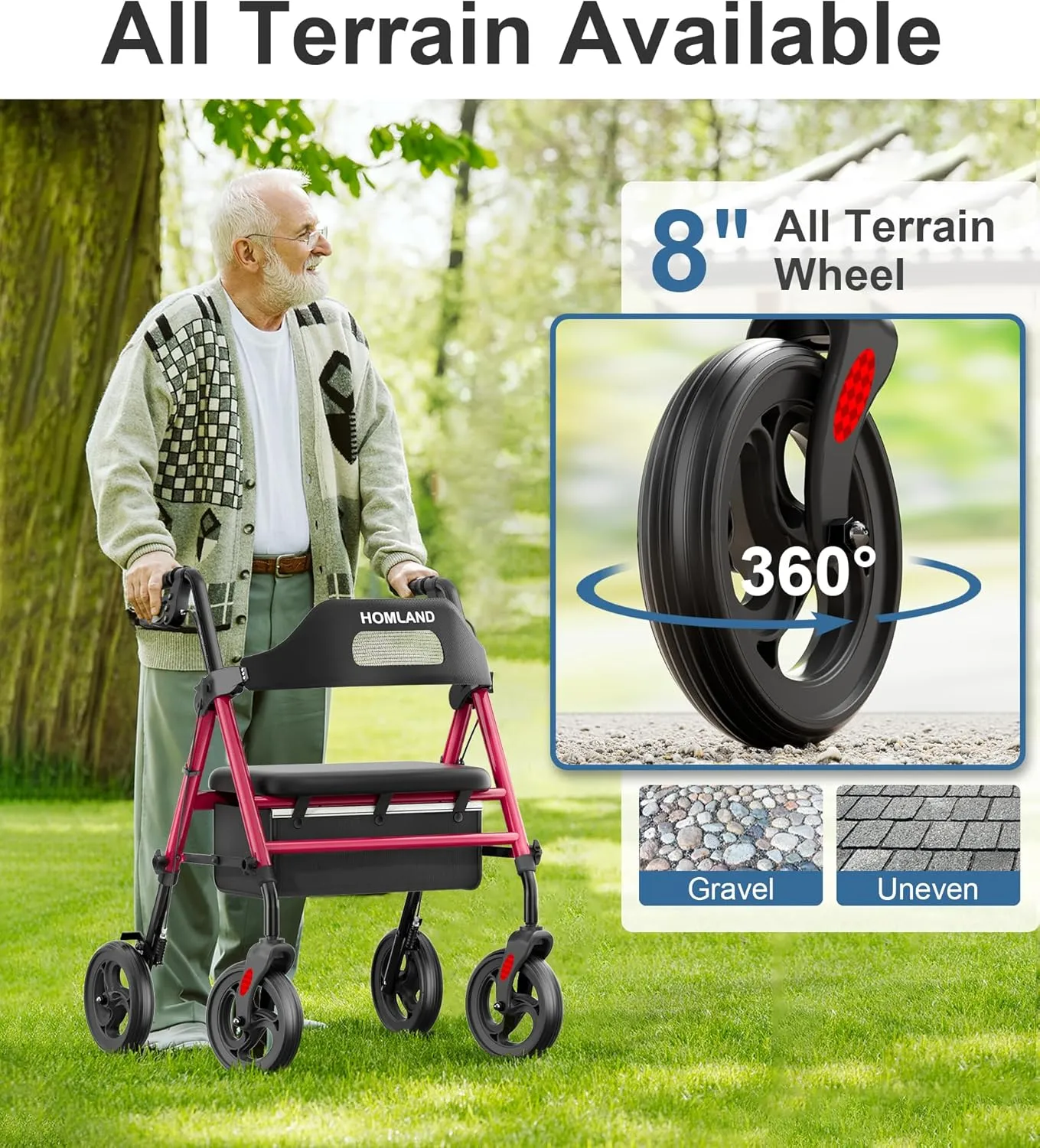 Foldable Rollator Walkers with Seat for Seniors, 8'' Big Wheels, 350 lb. Weight Capacity, Adjustable Handles and Seat Height, Lightweight Rolling Walker, Red