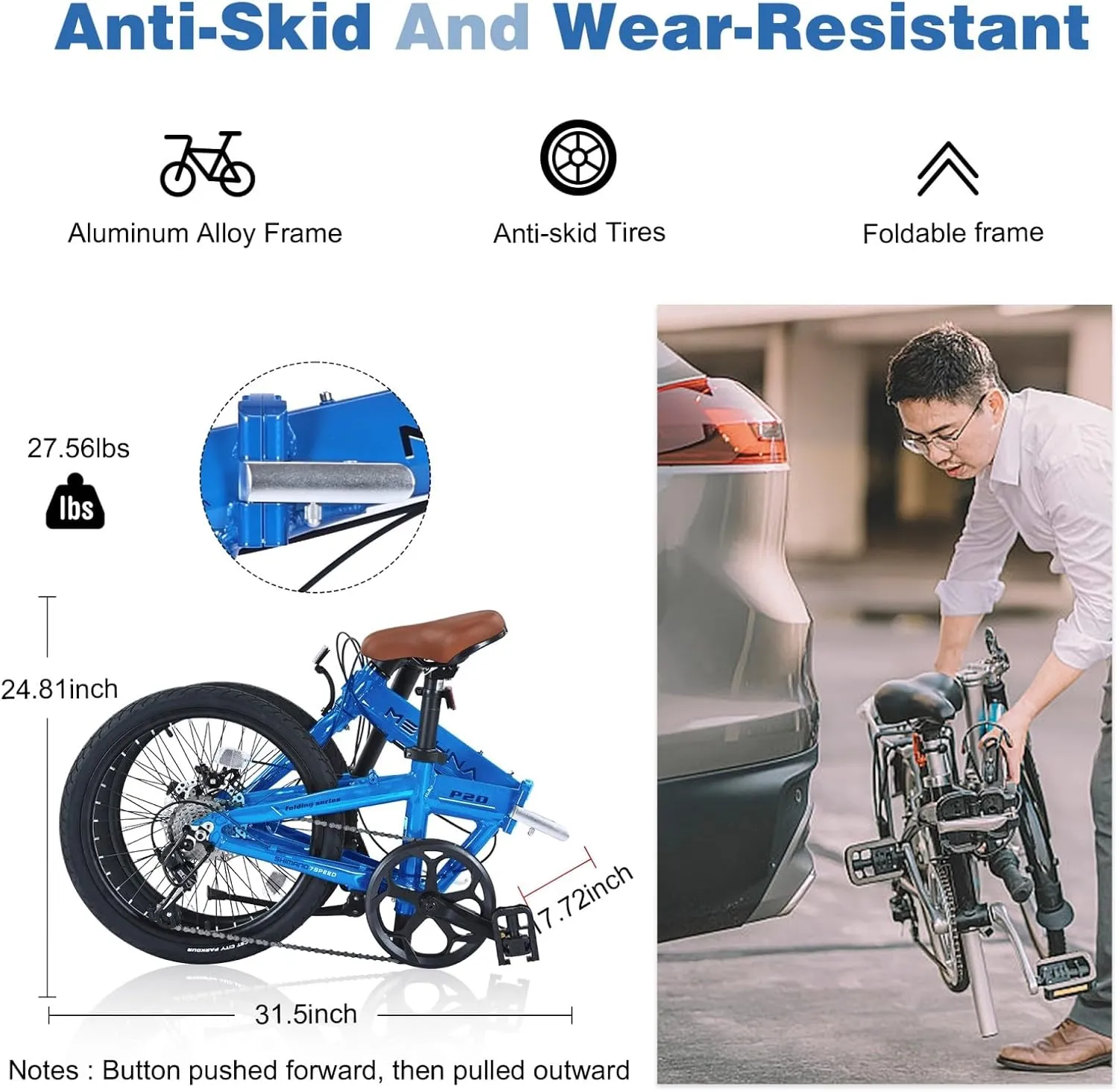 Folding Bike, Lightweight Aluminum Frame Foldable Bicycle 7-Speed, Front & Rear Disc Brakes,20-inch Wheels, Adjustable Seat Handlebar, Anti-Skid Tires for City Commuting, Fold Up Bike Men Women Adults