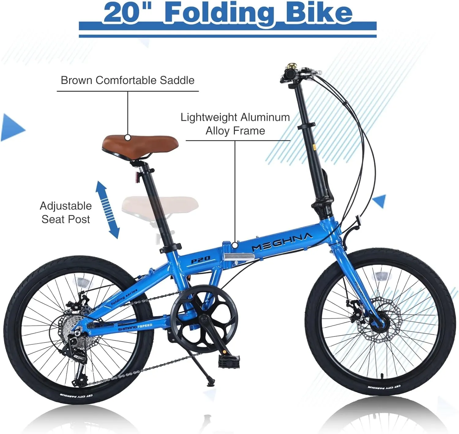 Folding Bike, Lightweight Aluminum Frame Foldable Bicycle 7-Speed, Front & Rear Disc Brakes,20-inch Wheels, Adjustable Seat Handlebar, Anti-Skid Tires for City Commuting, Fold Up Bike Men Women Adults