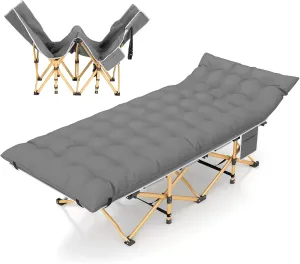 Folding Camping Cot for Adults, Heavy Duty Sleeping Cots with Carry Bag, Double Layer Oxford Portable Travel Camp Cots for Outdoor Camp Beach Home Office (Brass Frame with Gray Pad, 1PACK)