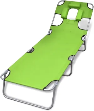 Folding Sun Lounger with Head Cushion Powder-Coated Steel Green Outdoor Seat
