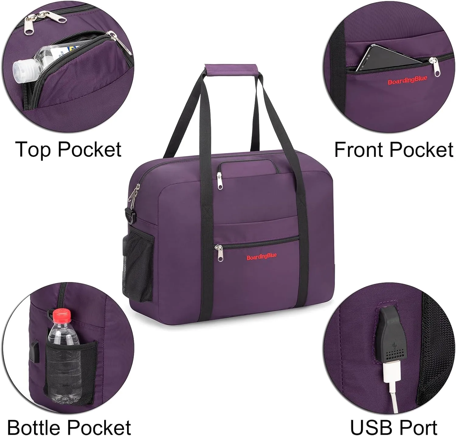 For Spirit, American Airline, Frontier 18X14X8 Inches Personal Item Under Seat Duffel Bag With Air Pillow And USB Port (Purple)