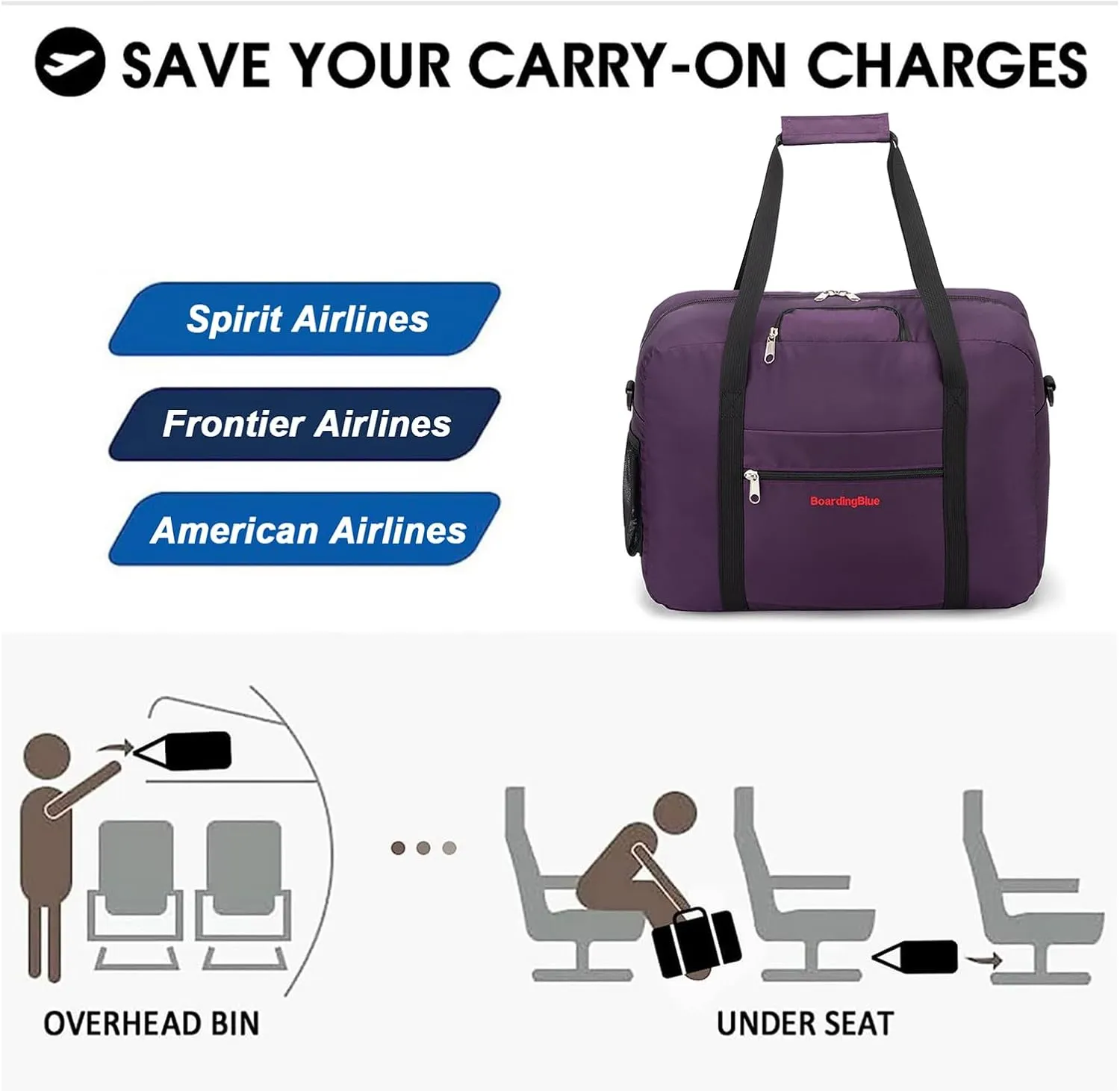 For Spirit, American Airline, Frontier 18X14X8 Inches Personal Item Under Seat Duffel Bag With Air Pillow And USB Port (Purple)