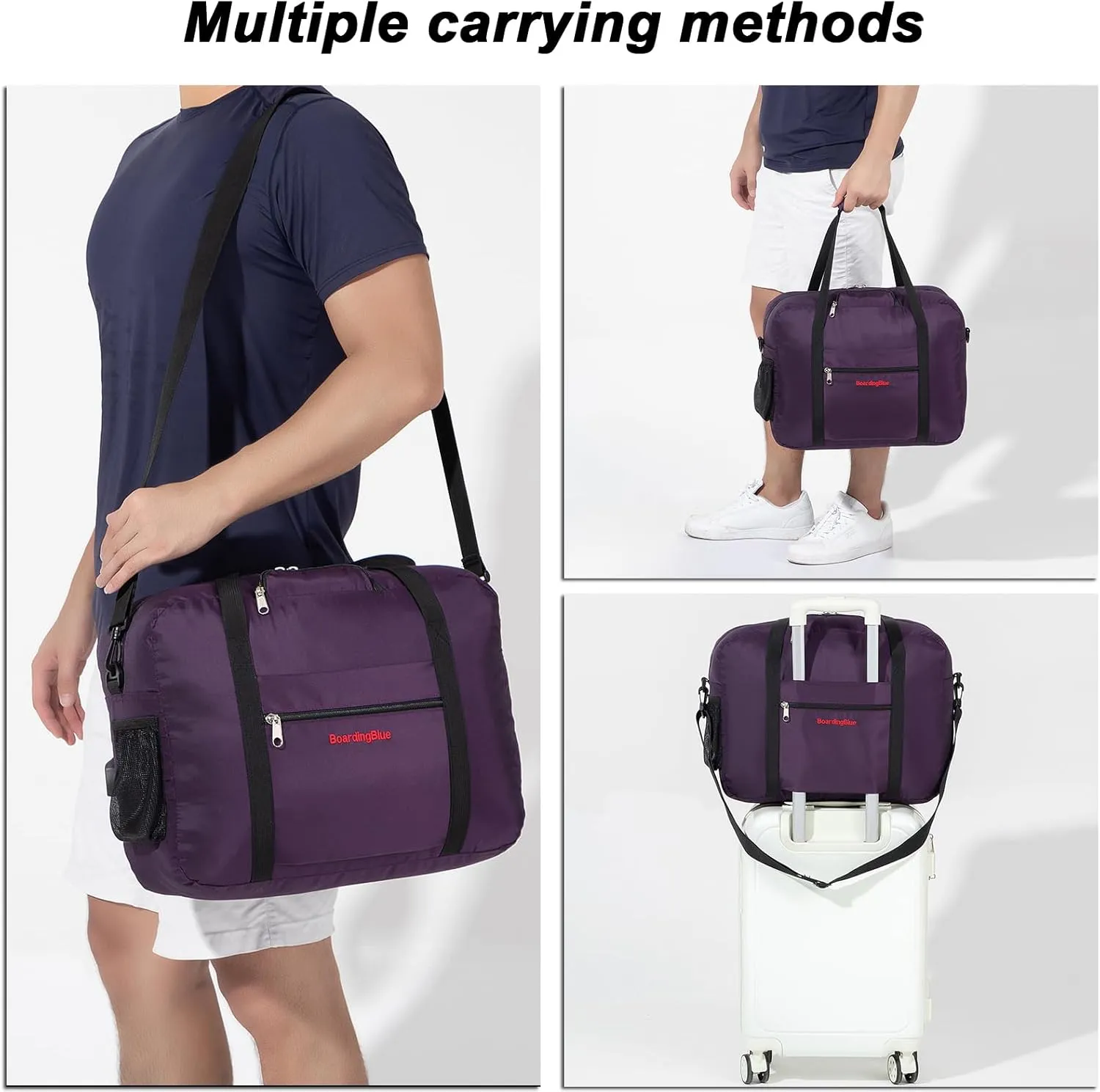 For Spirit, American Airline, Frontier 18X14X8 Inches Personal Item Under Seat Duffel Bag With Air Pillow And USB Port (Purple)