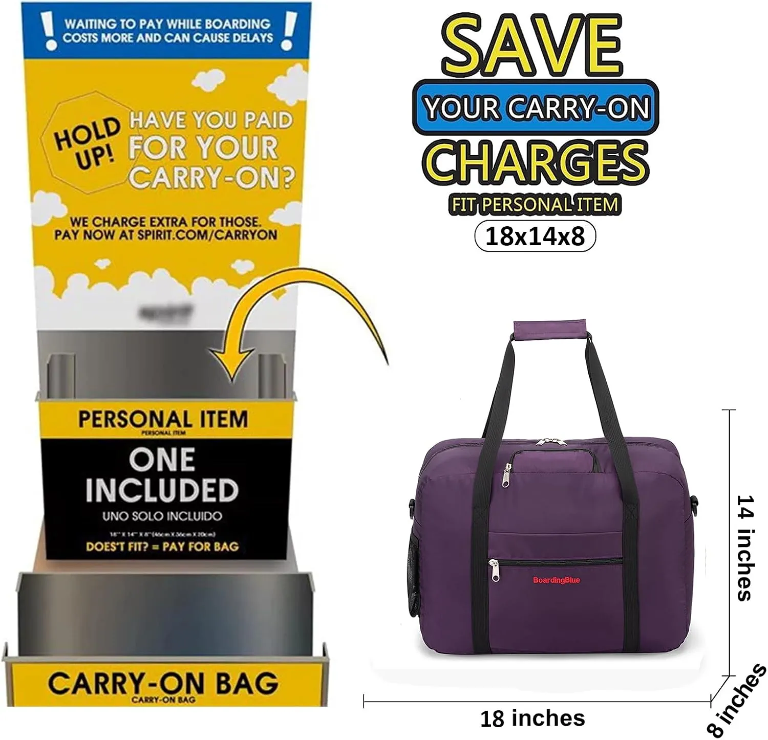 For Spirit, American Airline, Frontier 18X14X8 Inches Personal Item Under Seat Duffel Bag With Air Pillow And USB Port (Purple)