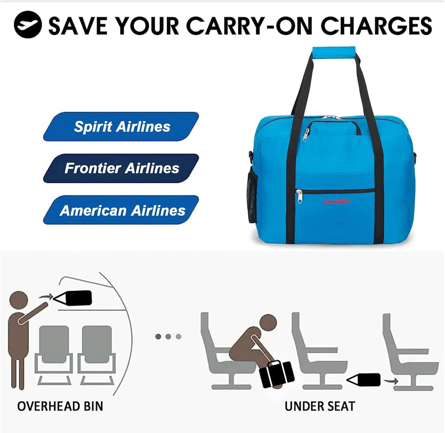 For Spirit, American Airline, Frontier 18X14X8 Inches Personal Item Under Seat Duffel Bag With Air Pillow And USB Port (Royal Blue)