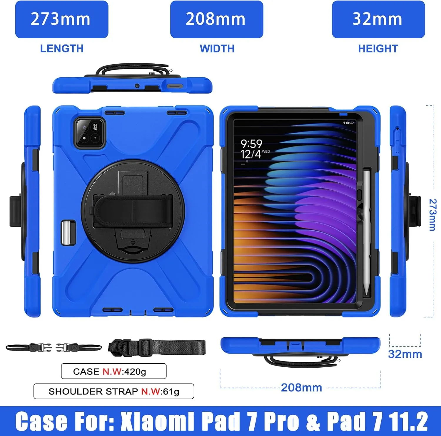 for Xiaomi Mi Pad 7/ Mi Pad 7 Pro Case, MiPad 7/ Pad 7 Pro Shockproof Case 11.2", 360 Rotate Stand Hand Strap Shoulder Strap Pencil Holder Protective Cover, Tablet for Men Women Kids, Blue