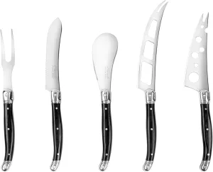 French Home Laguiole 5-Piece Artisan Cheese Knife Set – Versatile Cheese Knives Set with Three-Rivet Black Pakkawood Handles & Iconic Bee Emblem – Sophisticated Charcuterie Board Accessories
