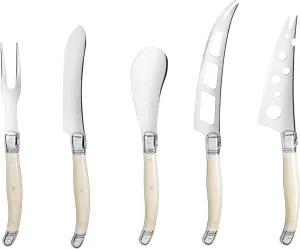 French Home Laguiole 5-Piece Artisan Cheese Knife Set – Versatile Cheese Knives Set with Three-Rivet Ivory-Colored Handles & Iconic Bee Emblem – Sophisticated Charcuterie Board Accessories